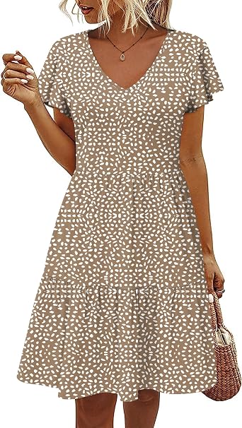 HOTOUCH Womens Casual Summer Dress with Pockets V Neck Ruffle Sleeve A-Line Dresses