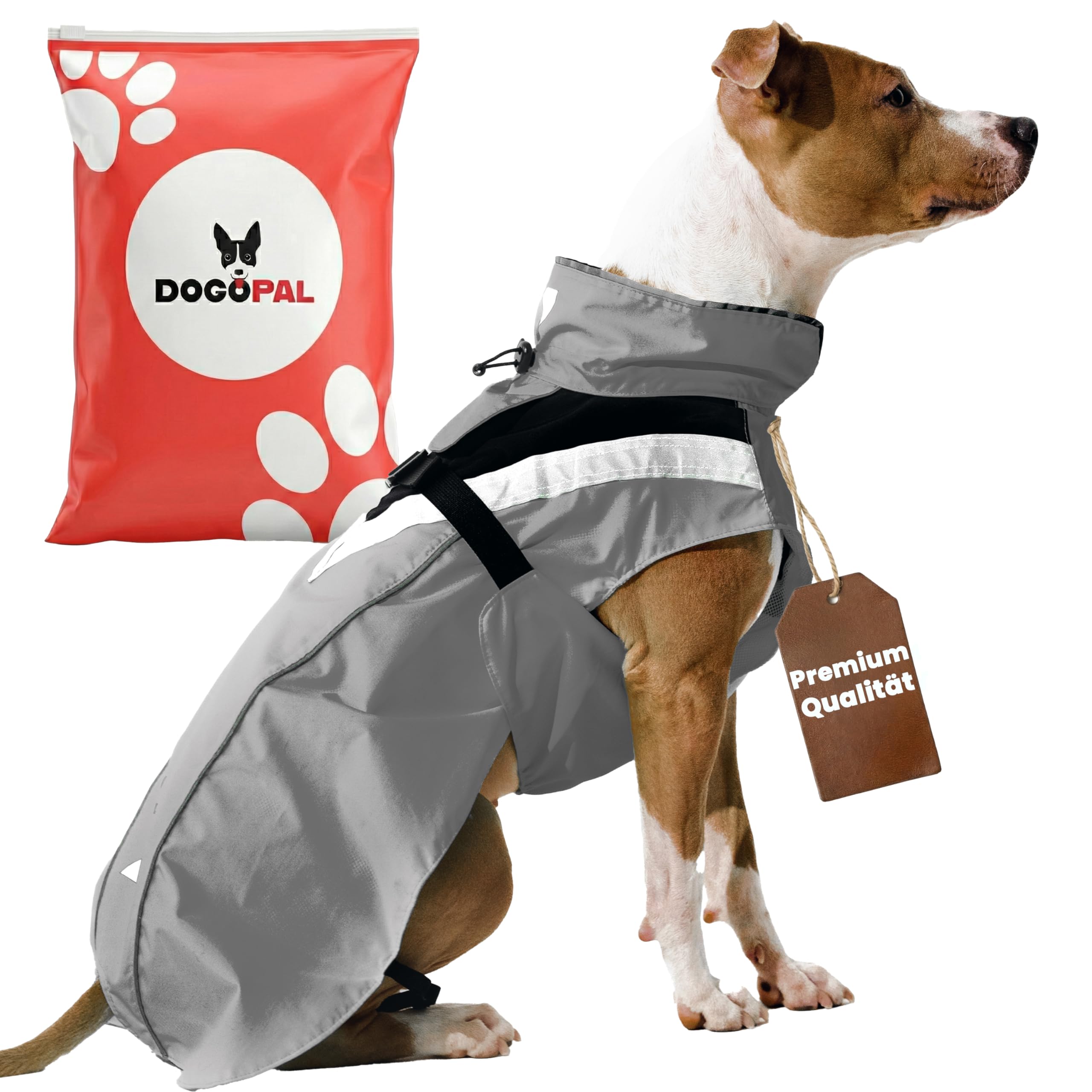 DOGOPAL Regenmantel Hund wasserdicht für kleine & große Hunde - Hunderegenmantel mit Reflektorstreifen - Wasserdichter Hundemantel, Regenschutz & Regenjacke (Grau, S)