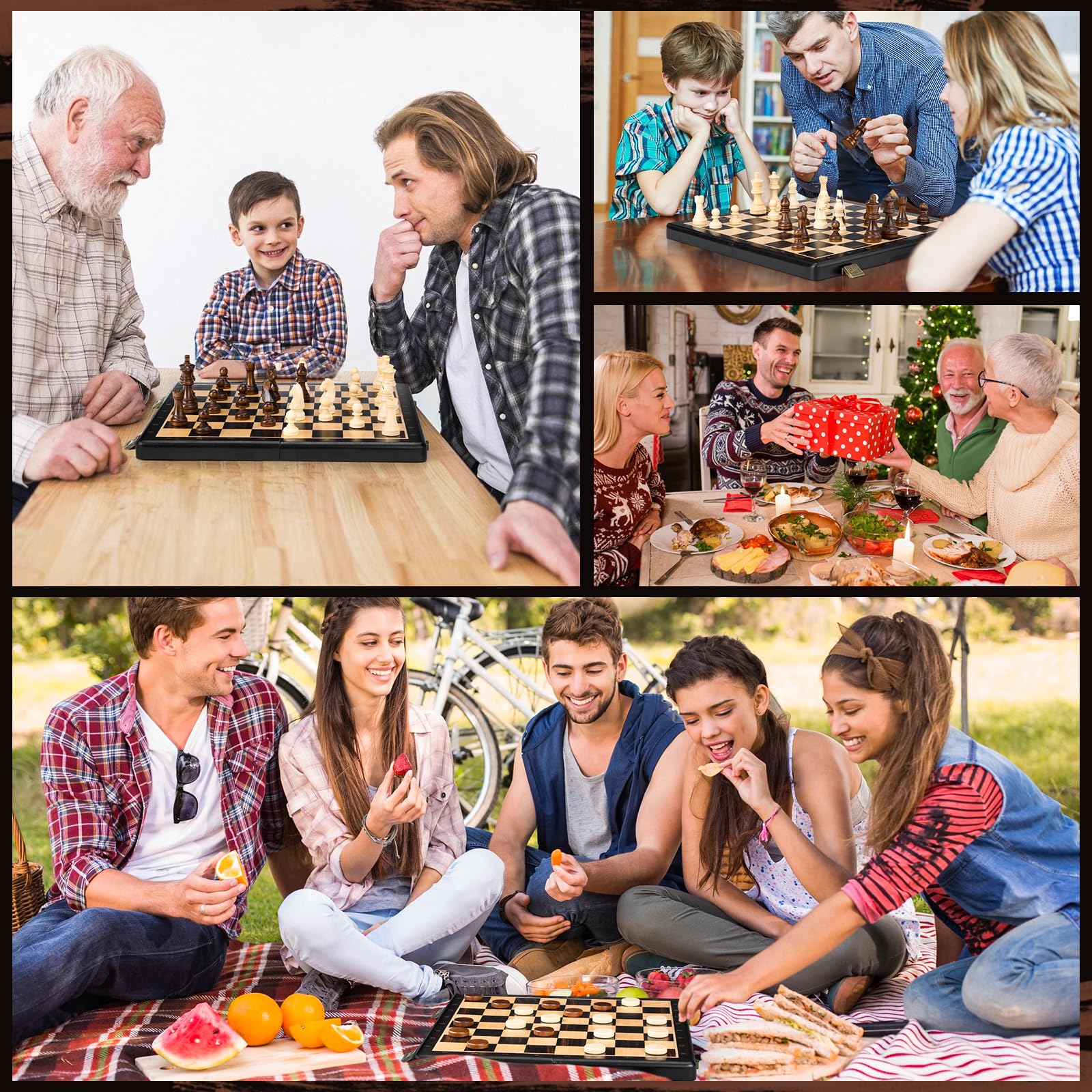 Peradix 38CM Schachspiel Holz Hochwertig - 2 In 1 Magnetisch Schachbrett Holz, Reiseschach für Kinder und Erwachsene, Naturholzfarben, Schachspiel & Checkers Set