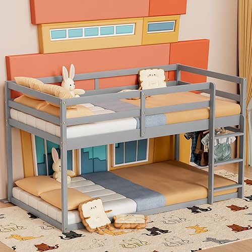 Miniatura 4 de TOLEAD Litera baja individual sobre individual, litera de suelo con escalera, litera individual con barandillas completas, litera de madera para