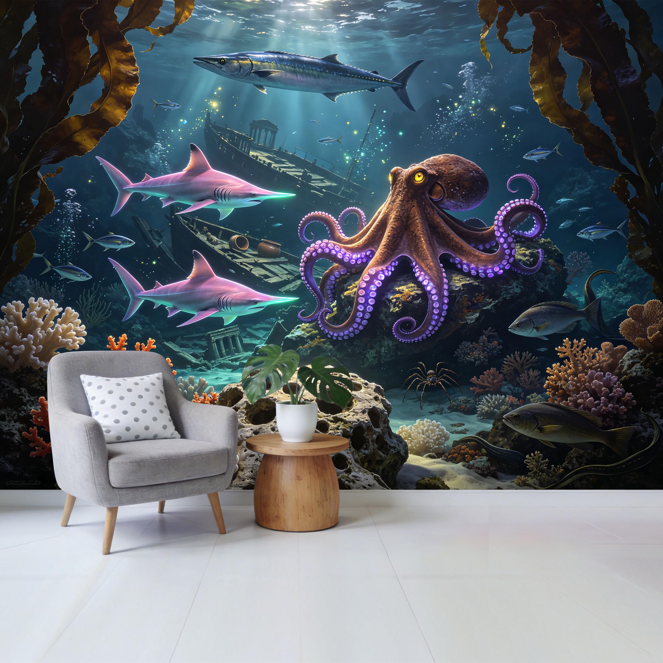 Custom Size Wall Mural Ocean Marine Underwater Octopus Sharks Coral Reef Shipwreck Scene Removable Self Adhesive Fabric Home Wall Decor for Living Room Bedroom Bathroom