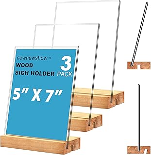 newnewshow 5"x7" Acrylic Sign Holder with Wood Base Wood Sign Holder Vertical or Slant Back Display for Store Office (5x7 L/T)