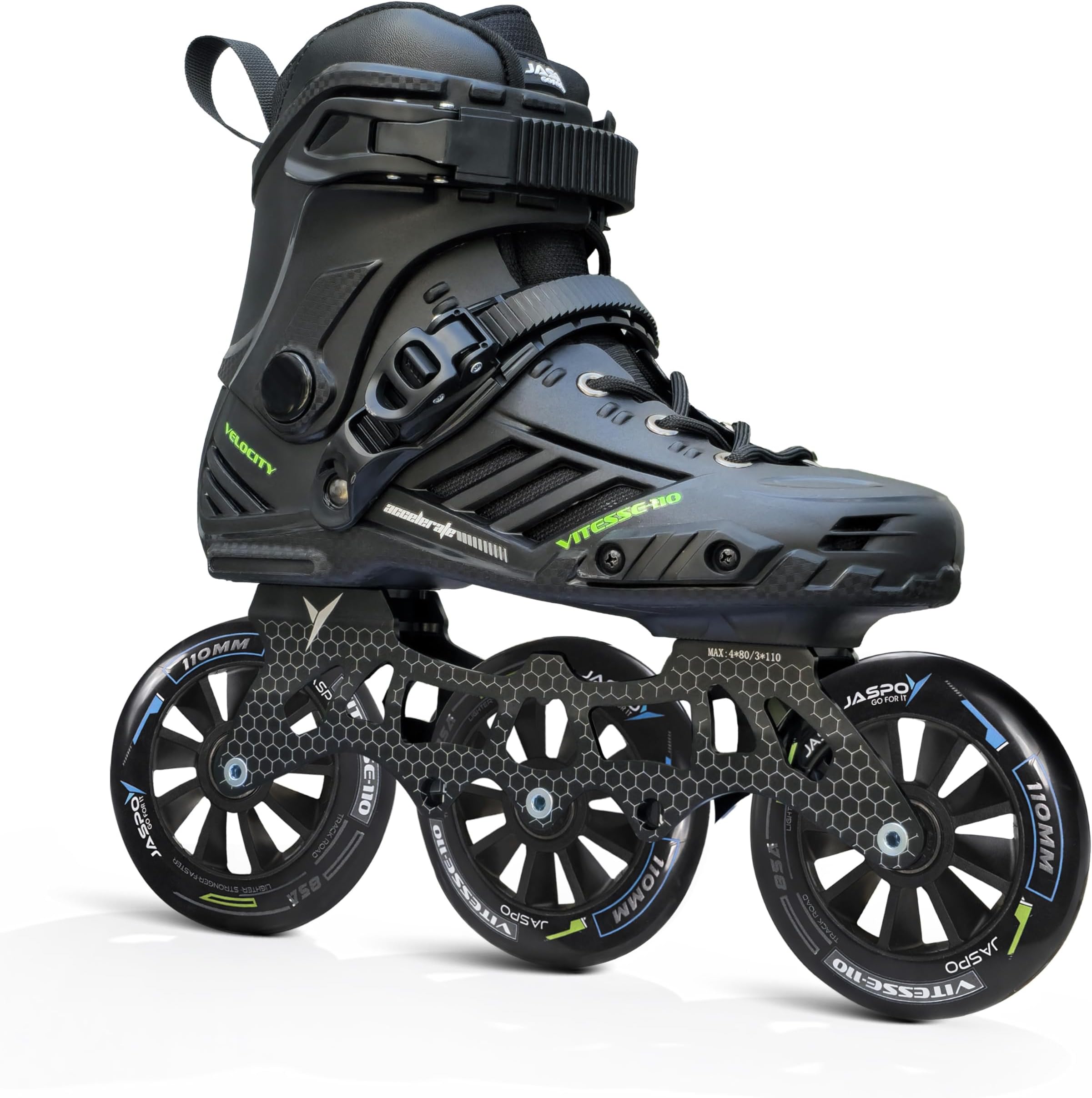 - Jaspo Vitesse-110 Inline Shoe Skates 3 Wheels Inline 110mm Roller Skates Blades for Adult Women Men (Extra Large, Black)