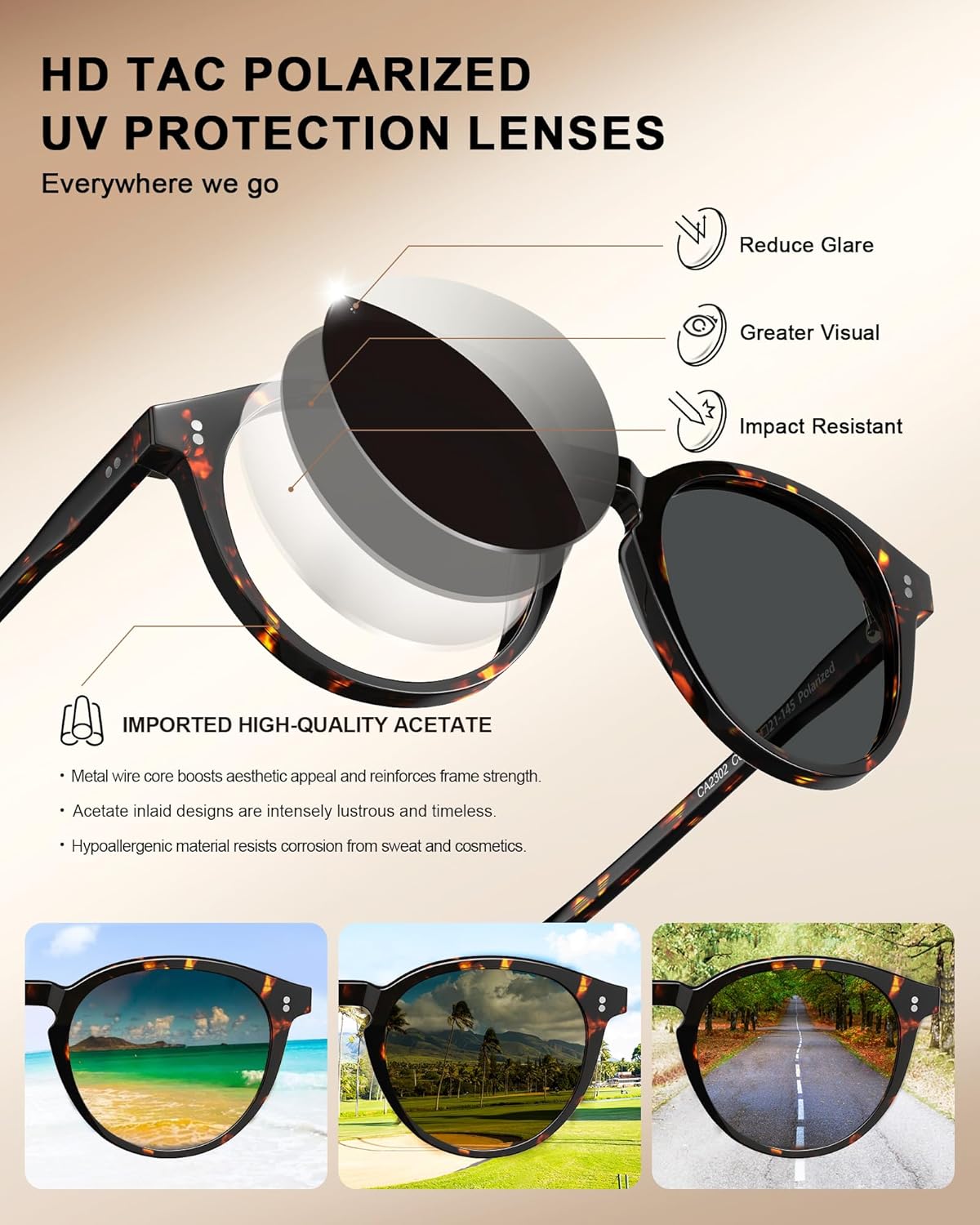 CARFIA Round Polarized Sunglasses for Women UV Protection Acetate Frame Classic Retro Style CA2302 Tortoise Frame - Image 5