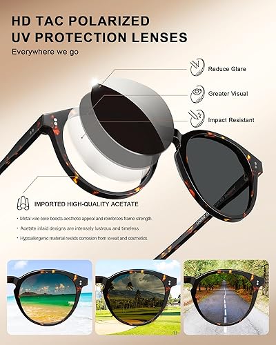 Vista 5 de CARFIA Gafas de sol polarizadas redondas para mujer, con protección UV, marco de acetato, estilo retro clásico, CA2302, montura de tortuga
