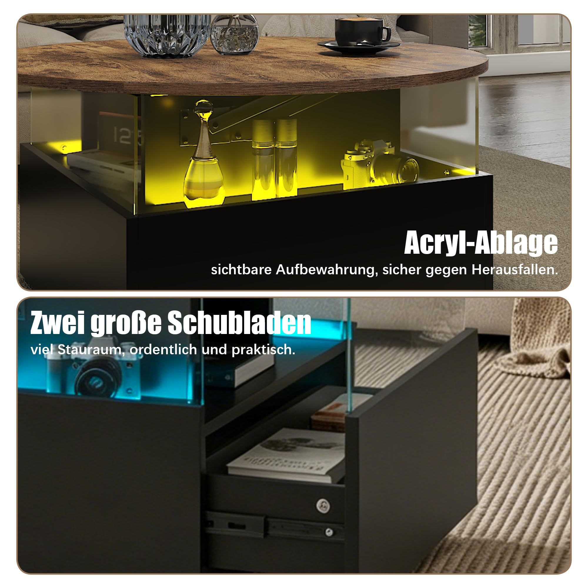 Couchtisch rund höhenverstellbarer Wohnzimmertisch LED Schwarz+Braun
