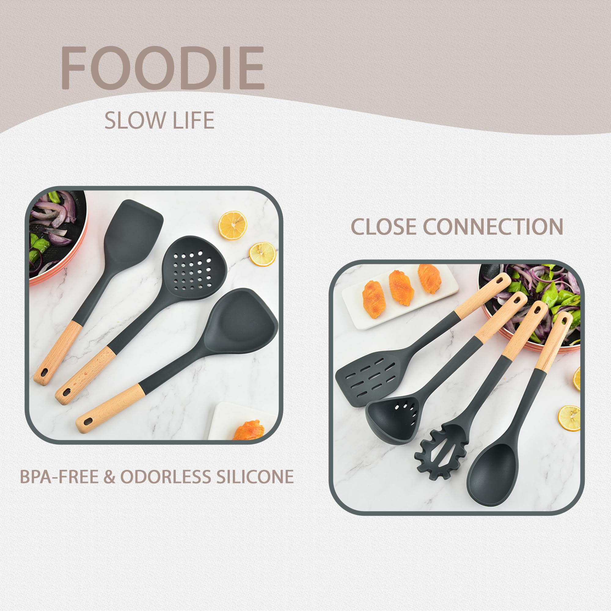 Juego de 7 utensilios de cocina con mango de madera, cabeza de silicona antiarañazos + nailon resistente al calor (cuchara ranurada, cuchara sólida, colador para pasta, espátula) para utensilios de