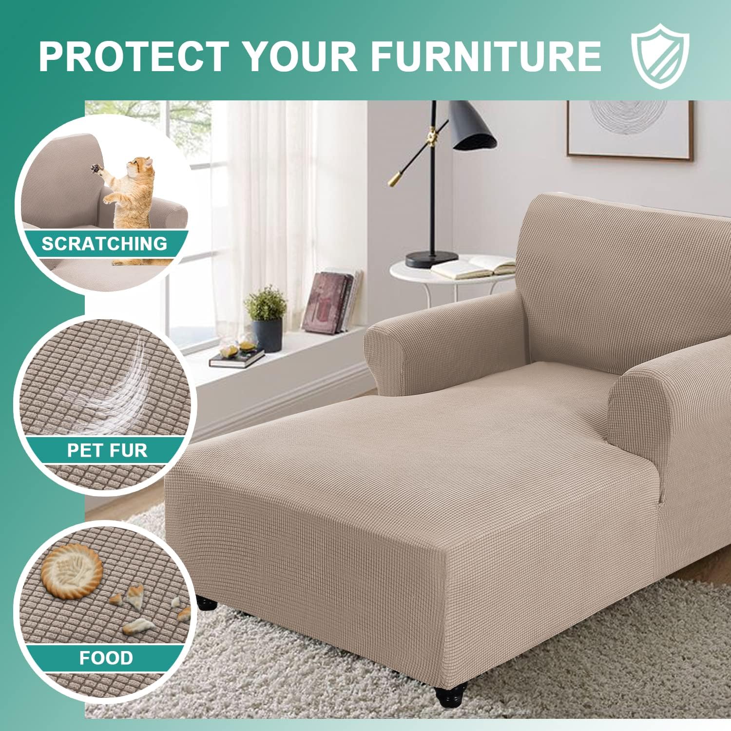 Chaise Lounge Cover Stretch Sofa Chaise Chair Cover with Armrests Jacquard Chaise Lounge Slipcover Indoor with Double Arm for Living Room Bedroom Furniture Protector for Kids Pets