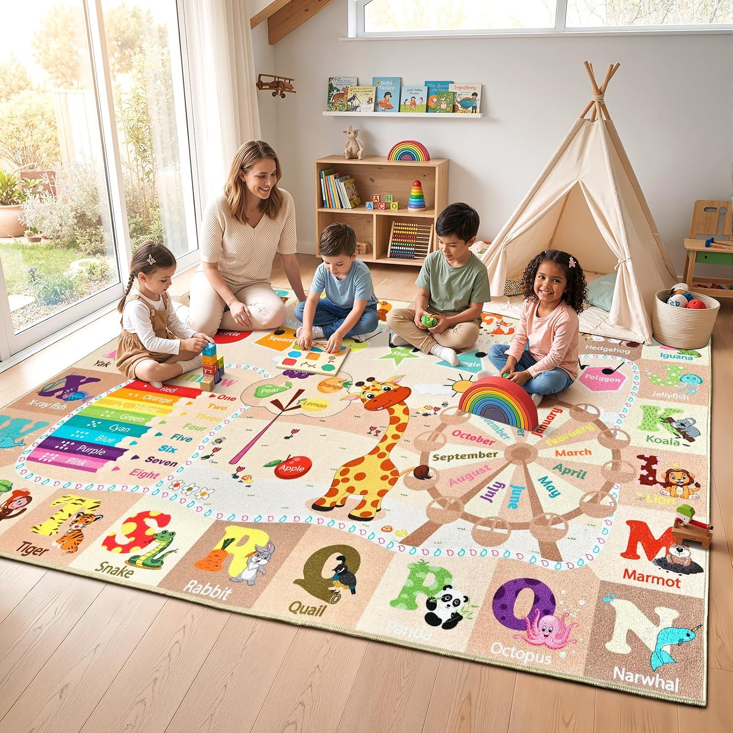 ST. BRIDGE Kids Rugs for Playroom 6x9, Educational Area Rug with Alphabet, Animals, Numbers, Shapes, Months & Colors, Non-Slip Washable Learning Play Mat for Nursery Classroom Toddler Room, Beige