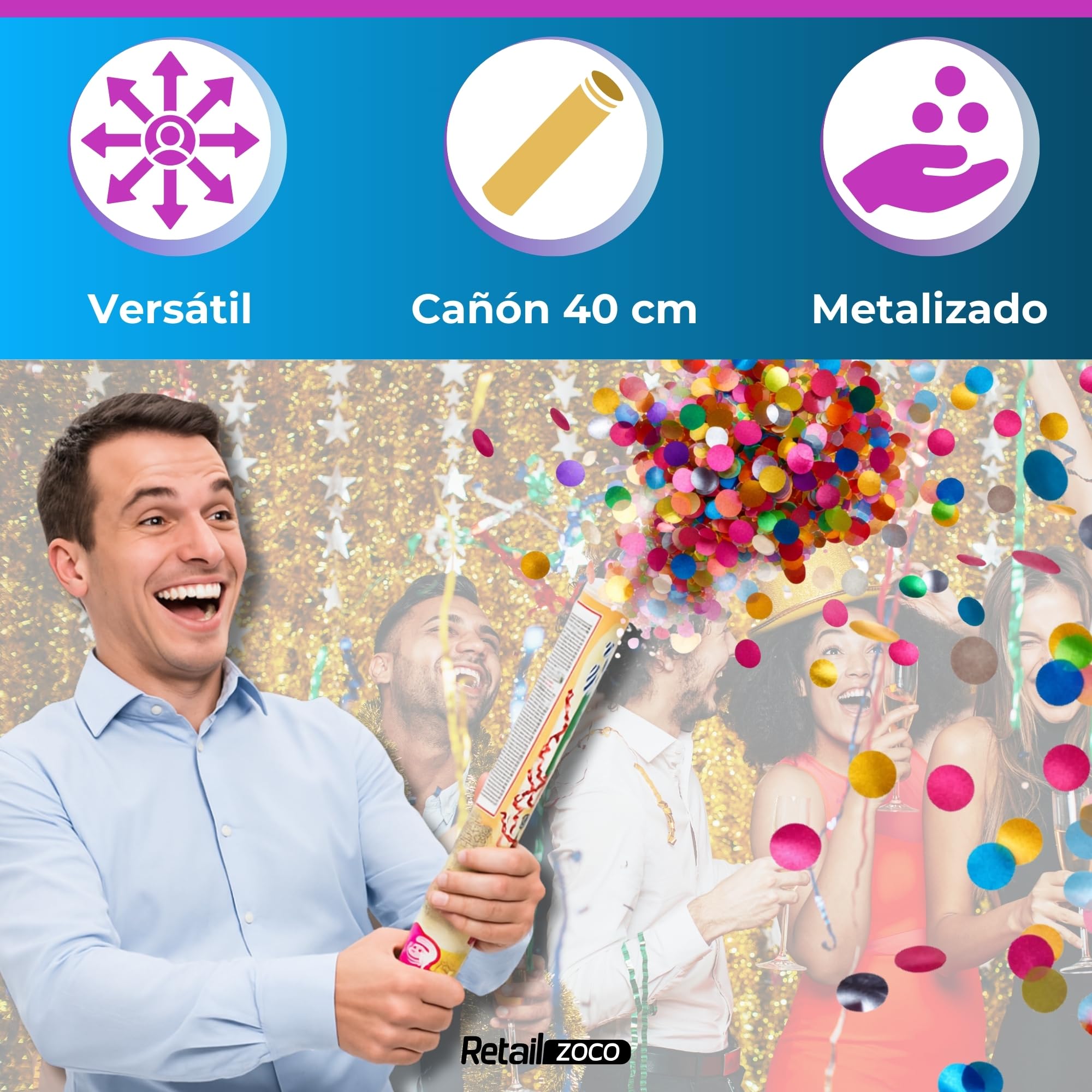Cañón Confeti Boda, Cañón para fiestas y eventos, Fáciles y Seguros de Usar, Apto para bodas, eventos, celebraciones,  Uso interior y Exterior, Diseño Metalizado Multicolor, 40 cm, Pack de 3 unidades - imagen 4