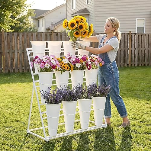 Miniatura 5 de Soporte de exhibición de flores de 3 niveles, soporte móvil de metal para plantas con 12 cubos, carrito de flores con ruedas, adecuado para