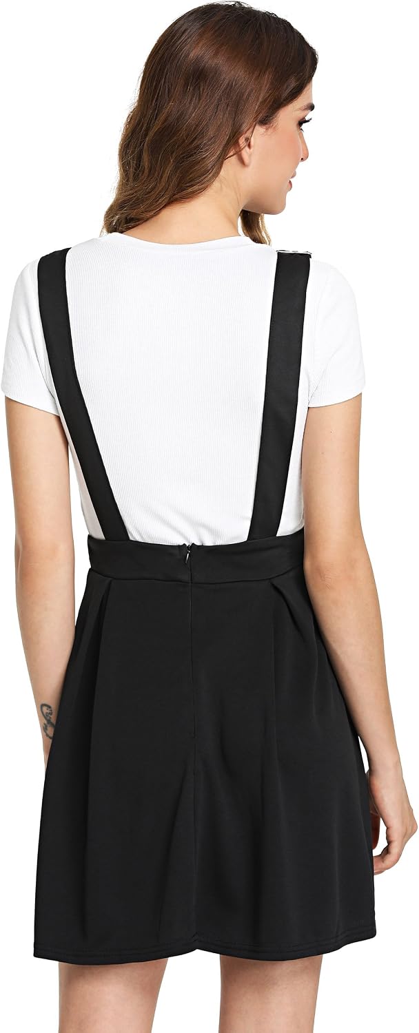 Romwe Women's Cute A Line Adjustable Straps Pleated Mini Overall Pinafore Dress Black M
