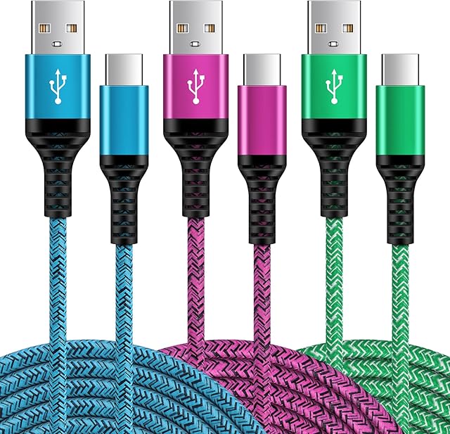 USB C Charger Cable Type C, 6FT 3Pack USB Samsung Charger Cable Fast Charge, Nylon Braided Type C Cable Lead for Samsung Galaxy S22 S21 S20 S10 S9 S8 A12 A13 A22 A50 A52 A70 M22, Huawei, Sony, Xiaomi