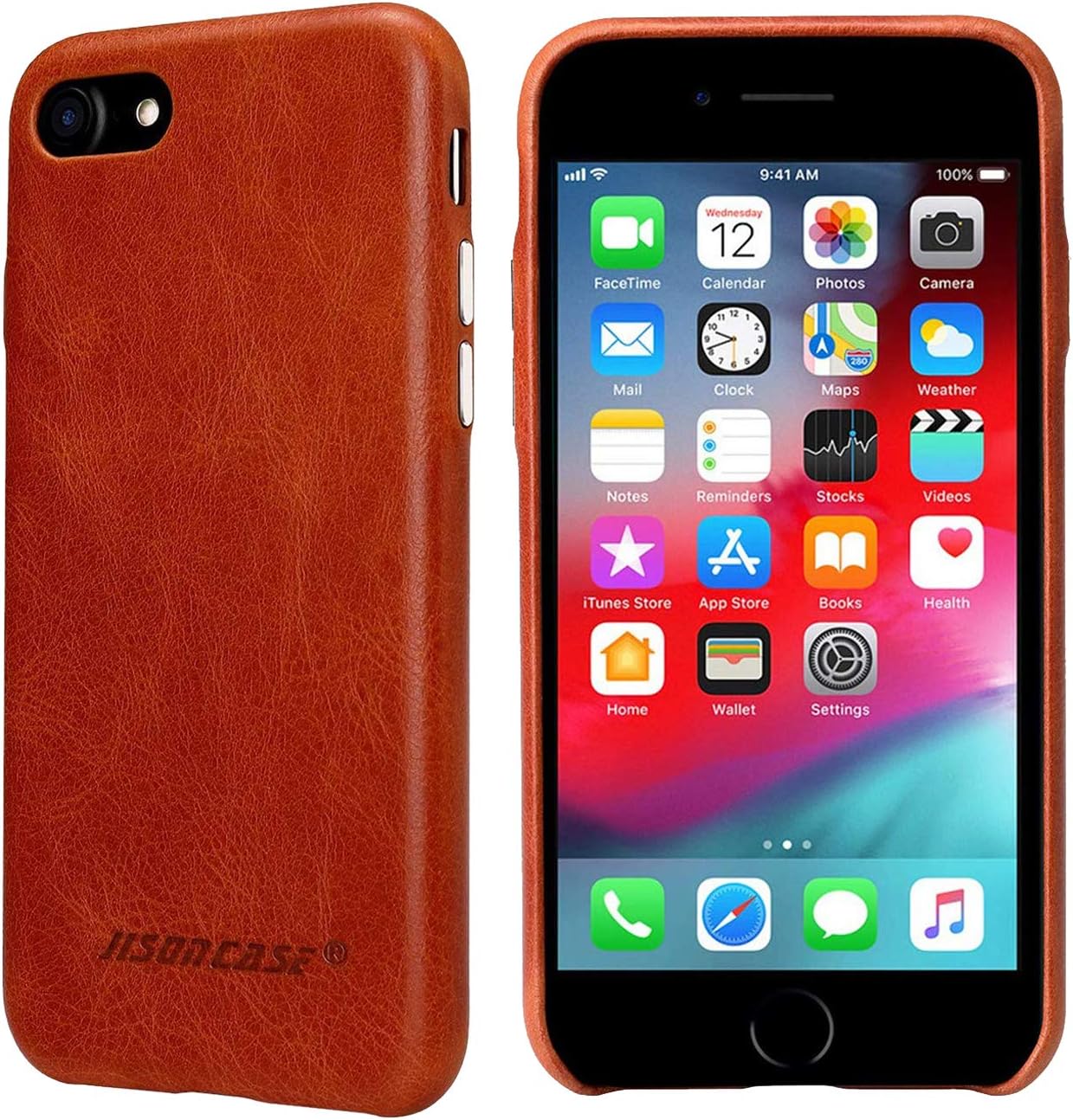 JISONCASE iPhone SE 2020/8/7 Leather Case, [Slim Fit][Wireless Charging Support][Genuine Leather], Full Leather Protective Case/Cover for Apple iPhone SE 2020/8/7(4.7 inches)[Brown, GM0IP8-13A20]