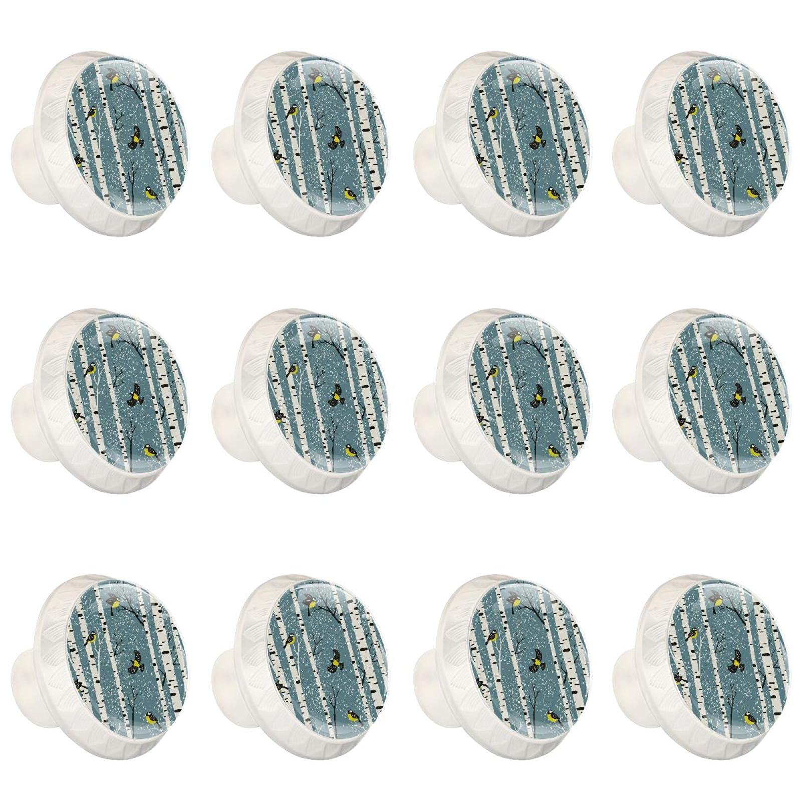 Boutons de meuble bouleau enneigé et oiseaux | Lot de 12 poignées