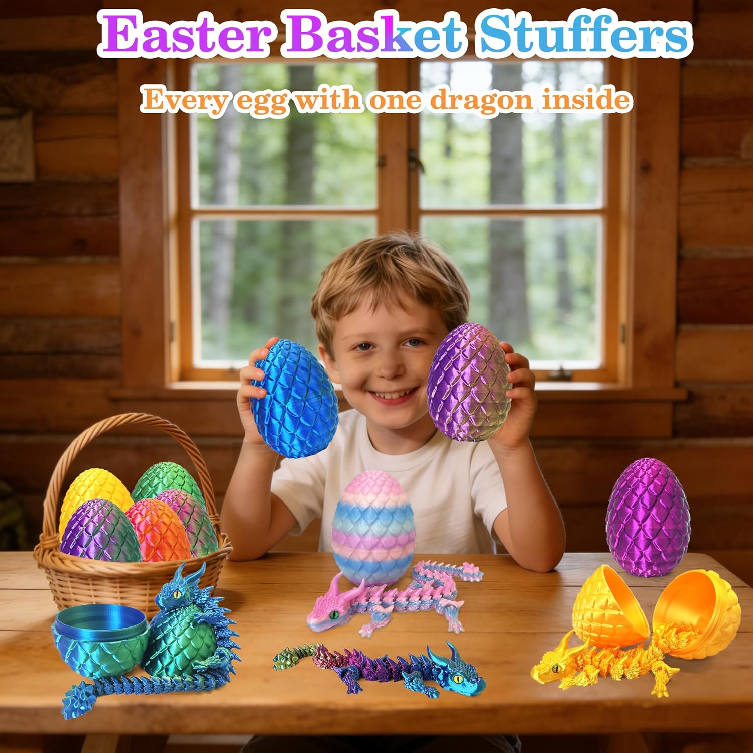 3D Printed Dragon Eggs with Dragon Inside, Large Articulated Dragons Toys with Eyes, Easter Basket Essentials Stuffers Surprise Eggs Home Decor Executive Desk Toy (Blue+Green)