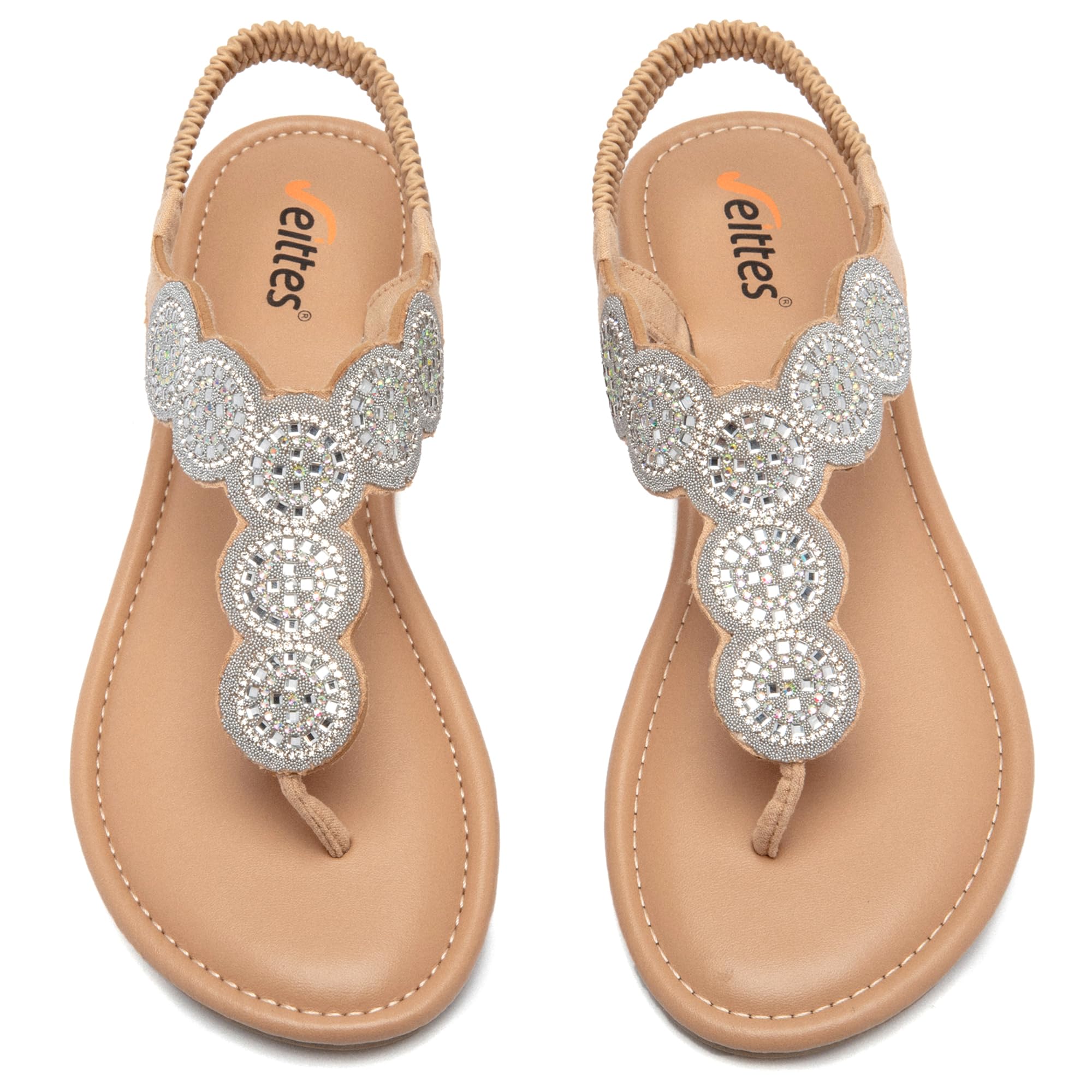Veittes Damen Bohemian Flache Sandalen - Lässige Sommersandalen mit Strassdekoration, Gummisohle,Glitzer,leicht und bequeme Knöchelriemen-Sommersandalen