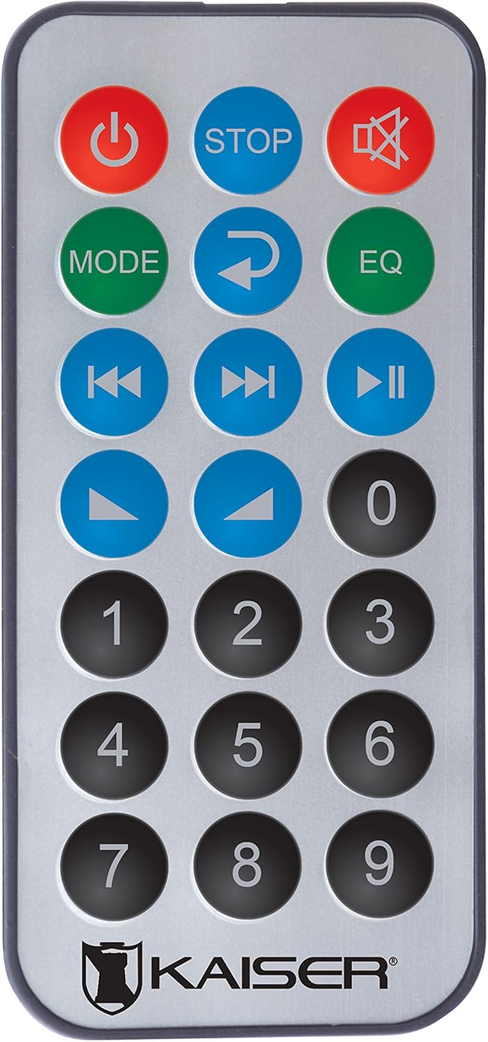 Image of the Kaiser PAK-8915 remote control with various buttons for power, mode, playback, volume, and EQ.