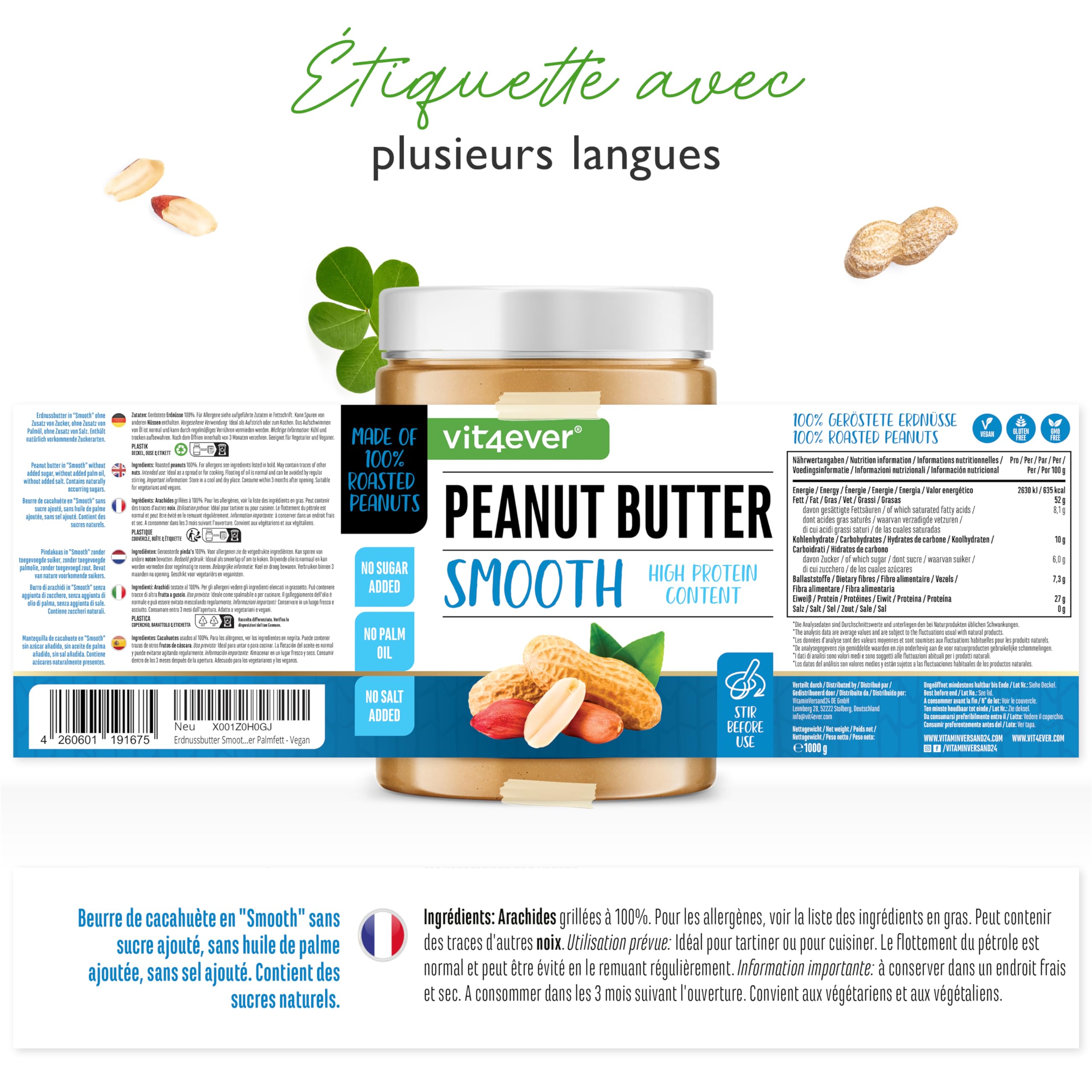 Beurre de Cacahuète Smooth - 1kg Beurre de Cacahuète Naturel sans Additif - High Protein - Purée de Cacahuètes sans Sel, Huile ou Graisse de Palme Ajoutés - Vegan - 2