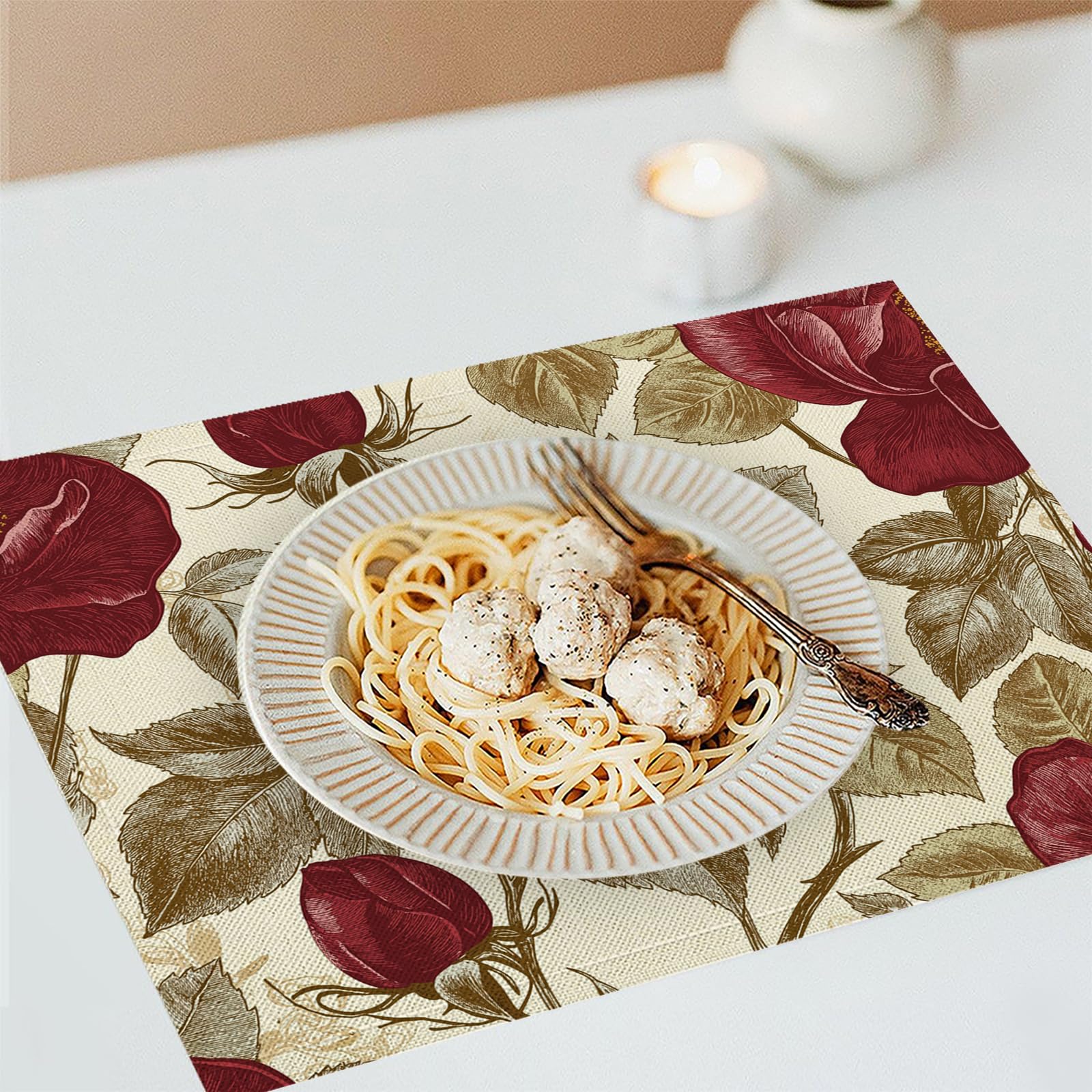 8 Pezzi Tovagliette Americana Floreale retrò - Tovaglietta Americane in Cotone e Lino Rose rosse Lavabili Sottopiatto per Sala da Pranzo Tavolo da Cucina 45 ×30 cm
