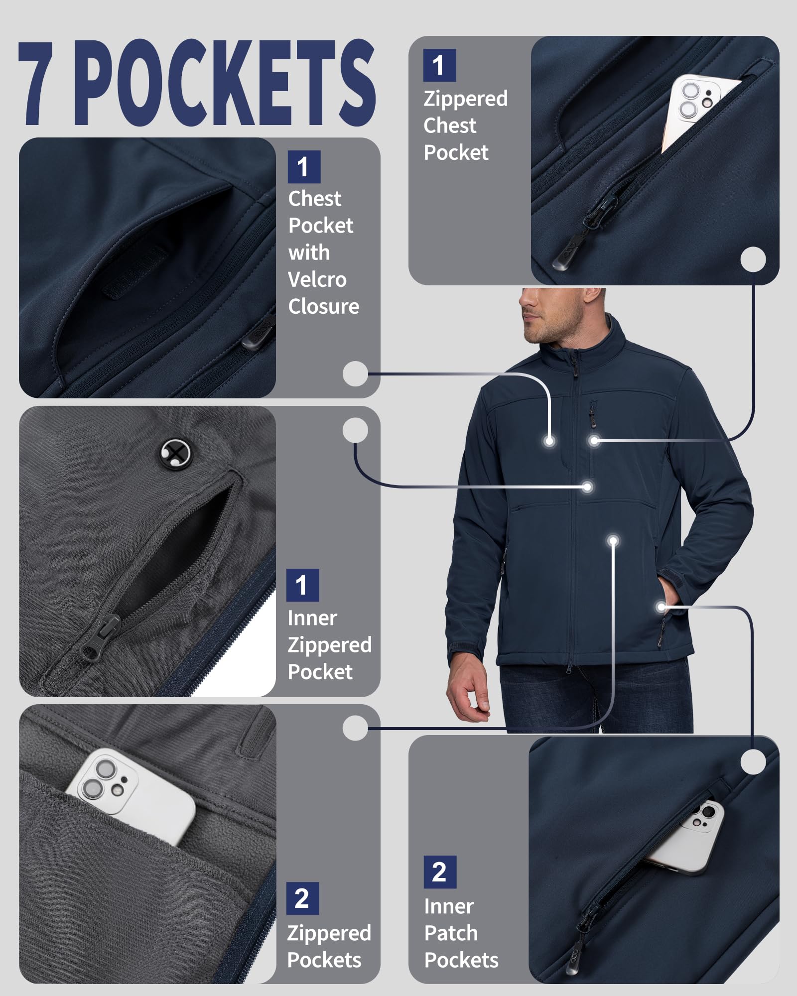 33,000ft Veste softshell pour homme - Veste demi-saison imperméable - Doublure en polaire chaude - Veste d'extérieur fonctionnelle - Veste de randonnée légère avec col montant