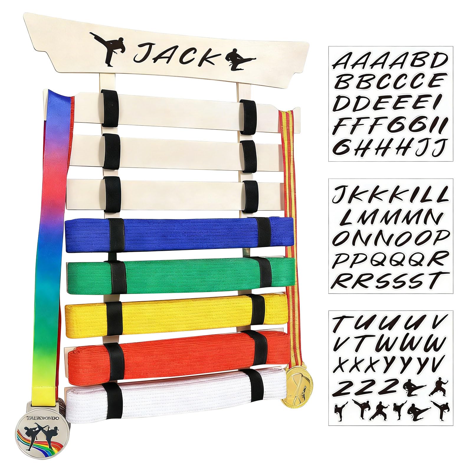 Support ceinture karaté mural en bois pour organiser 8 grades d'arts martiaux