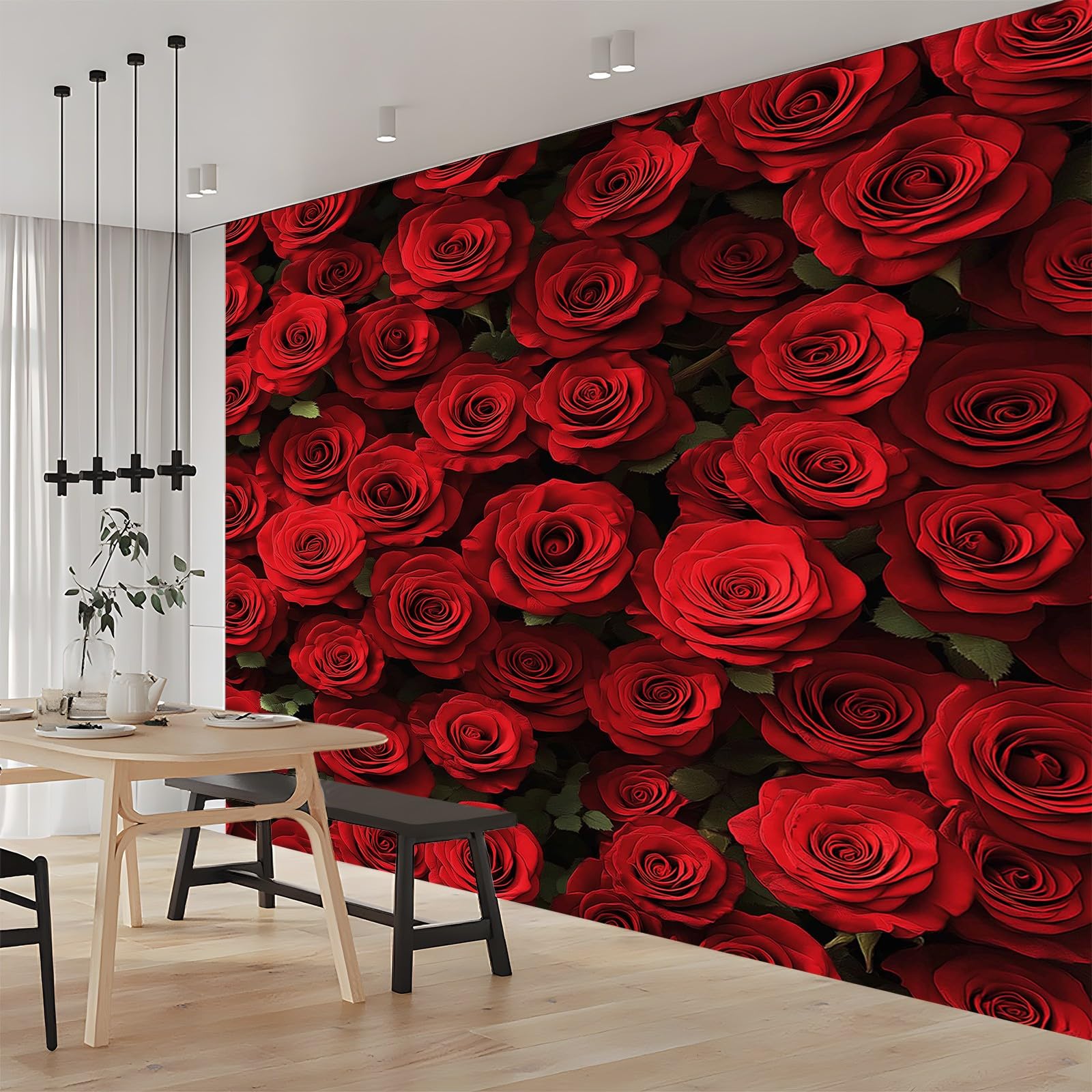 Papier Peint intissé 250 x 175 cm, Fleurs Mur De Roses Motif Poster fond d'écran, Rouge Géant Mural panoramique pour salon chambre manger bureau Décor