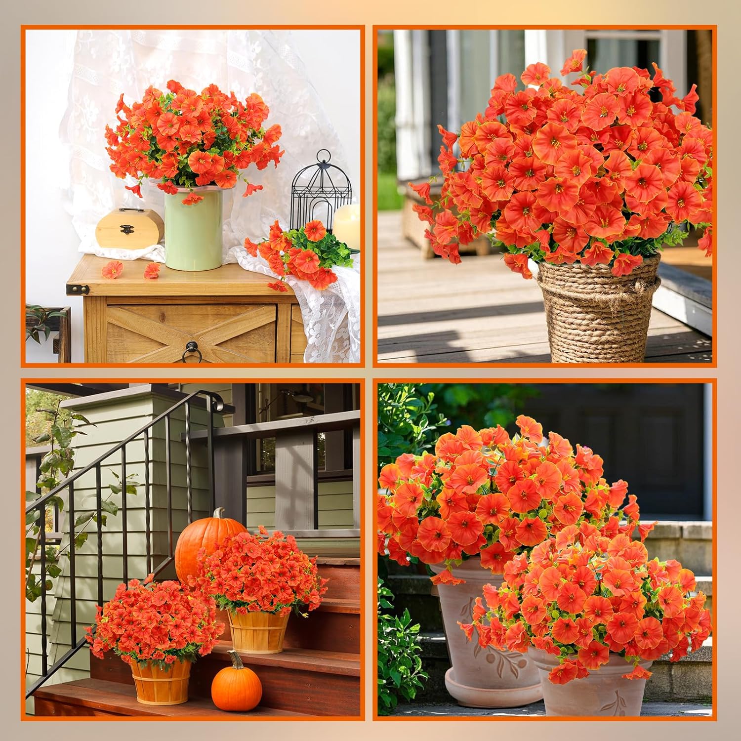 24 Bundles Artificial Fake Fall Flowers Faux Plants for Outdoor Outside Faux Silk Morning Glory UV Resistant Look Real Autumn Fake Outdoor Flowers for Front Door Porch Window Box, Orange