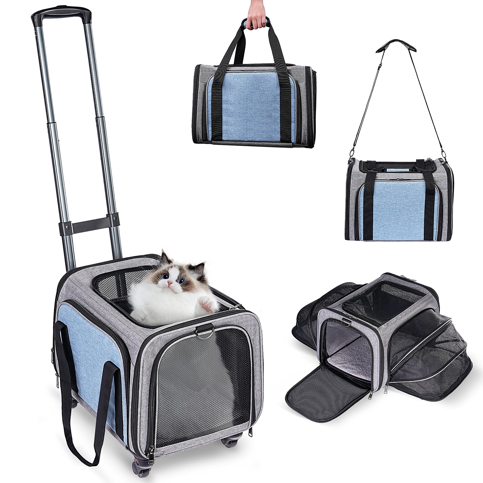 Pet Carrier with Wheels for Cat and Small Dogs: Expandable Airline Approved Rolling Cat Carrier - Cat Carrier Soft for Pets Under 25lbs Travel Plane Trip