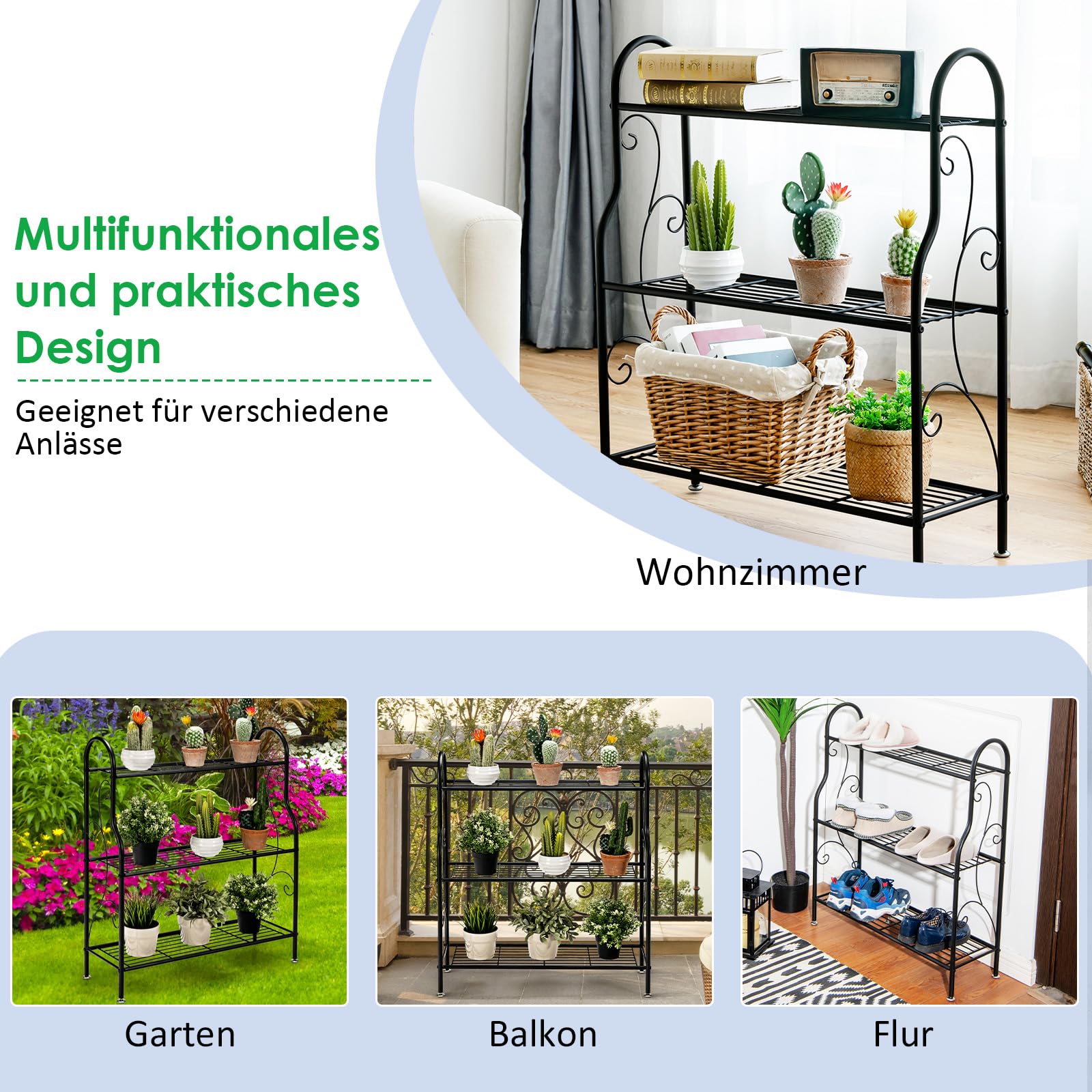 COSTWAY 3-stufige Metall Blumentreppe, Pflanzenständer Pflanzenregal Pflanzentreppe, Blumenregal belastbar bis 35 kg, Blumenbank für Garten Balkon Indoor Outdoor, Schwarz, 72 x 25 x 85 cm