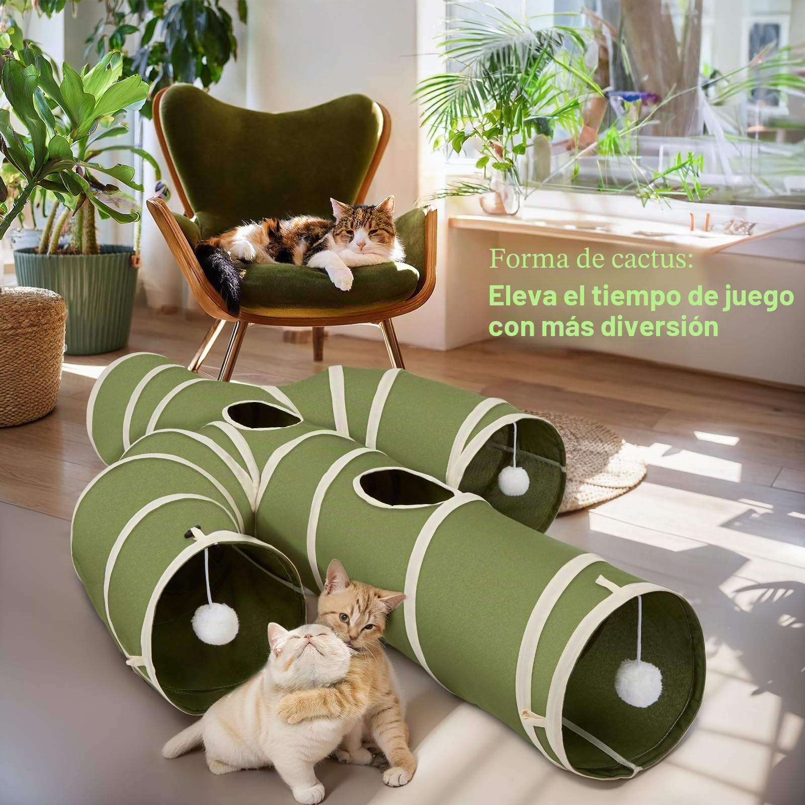 Ownpets Túnel de juego para varios gatos con juguetes interactivos, diseño de cactus expandible, 25 cm de diámetro, plegable para un fácil almacenamiento, ideal para entretenimiento de gatos en