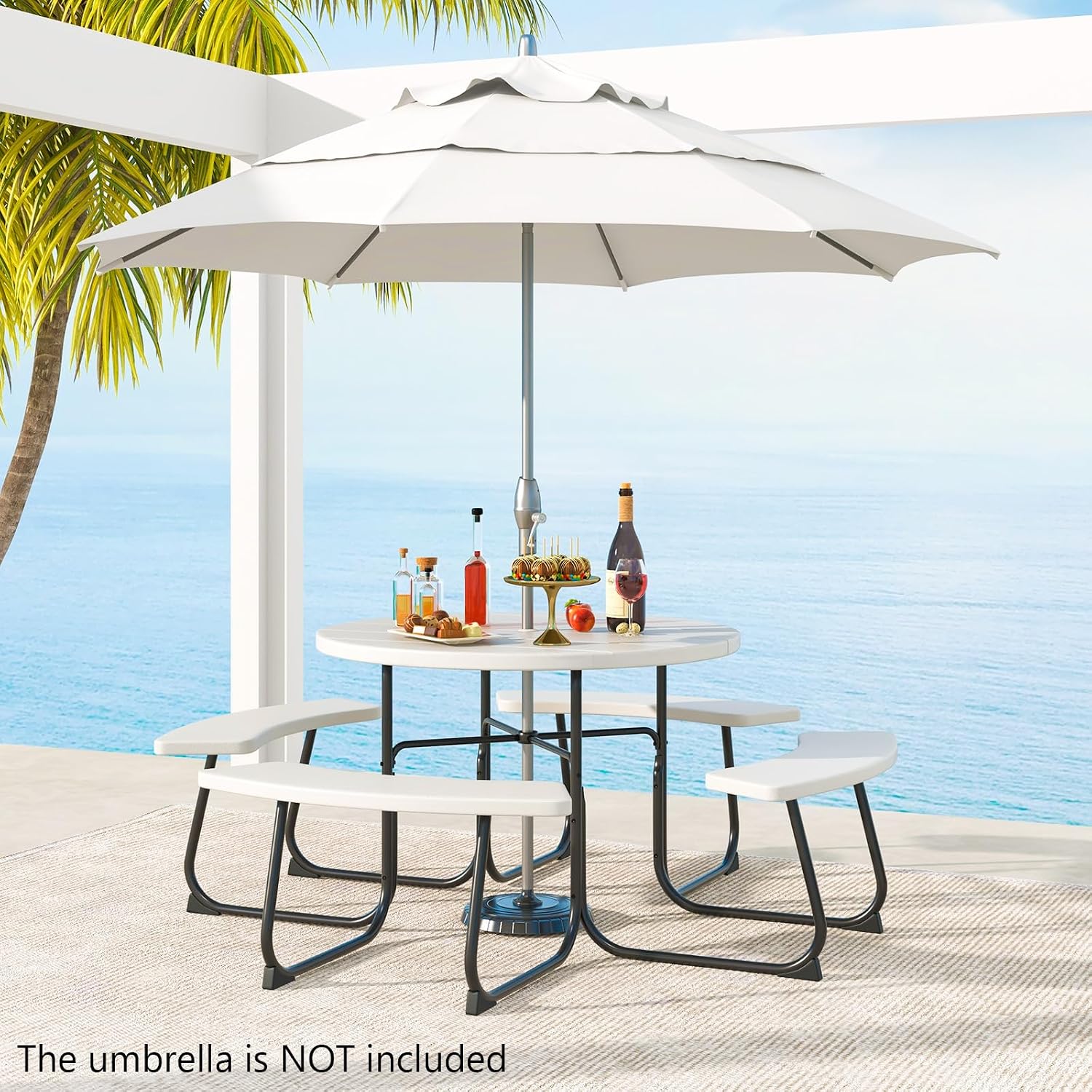 COSTWAY Round Picnic Table with Umbrella Hole, Outdoor Picnic Table with Bench Set for 4-8 People, HDPE Tabletop, Patio Dining Furniture Set for Family Gatherings, BBQ Party, Backyard (White)