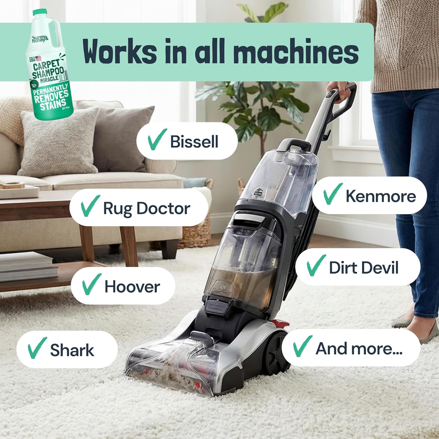Sunny & Honey Heavy Duty Carpet Cleaner Solution for Machines - Powerful Stain and Surface Odor Eliminator For New and Deep-set Pet Messes - For Rugs, Couches and Upholstery (32fl oz, Spring Mint)