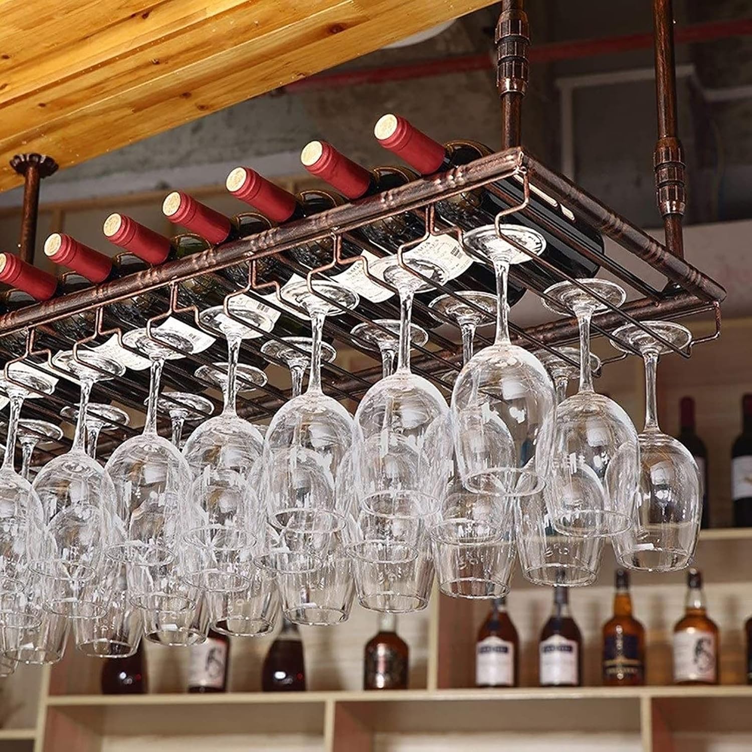Hanging Wine Glass Holder Retro Metal Hanging Wine Glass Rack,Adjustable Height,Bar Goblet Holder,Home Kitchen Wine Glass Display Stand,Multi-Function Ceiling Hanging Wine Shelf De