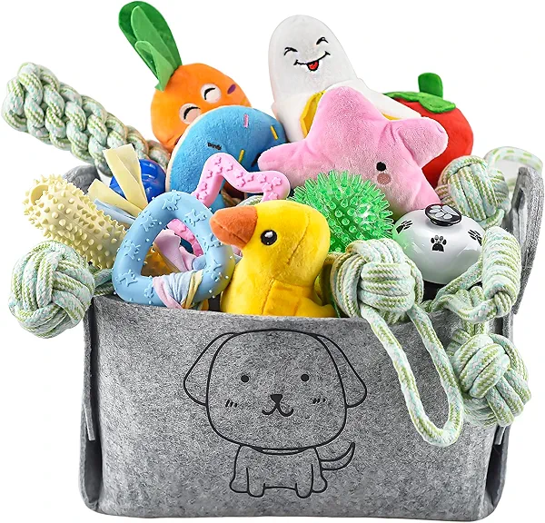 LECHONG 24 Pack Puppy Chew Toys, Dog Teething Toys with Storage Bin, Dog Rope Toys and Squeaky Toys for Boredom, Interactive Dog Toys for Small & Medium Breeds