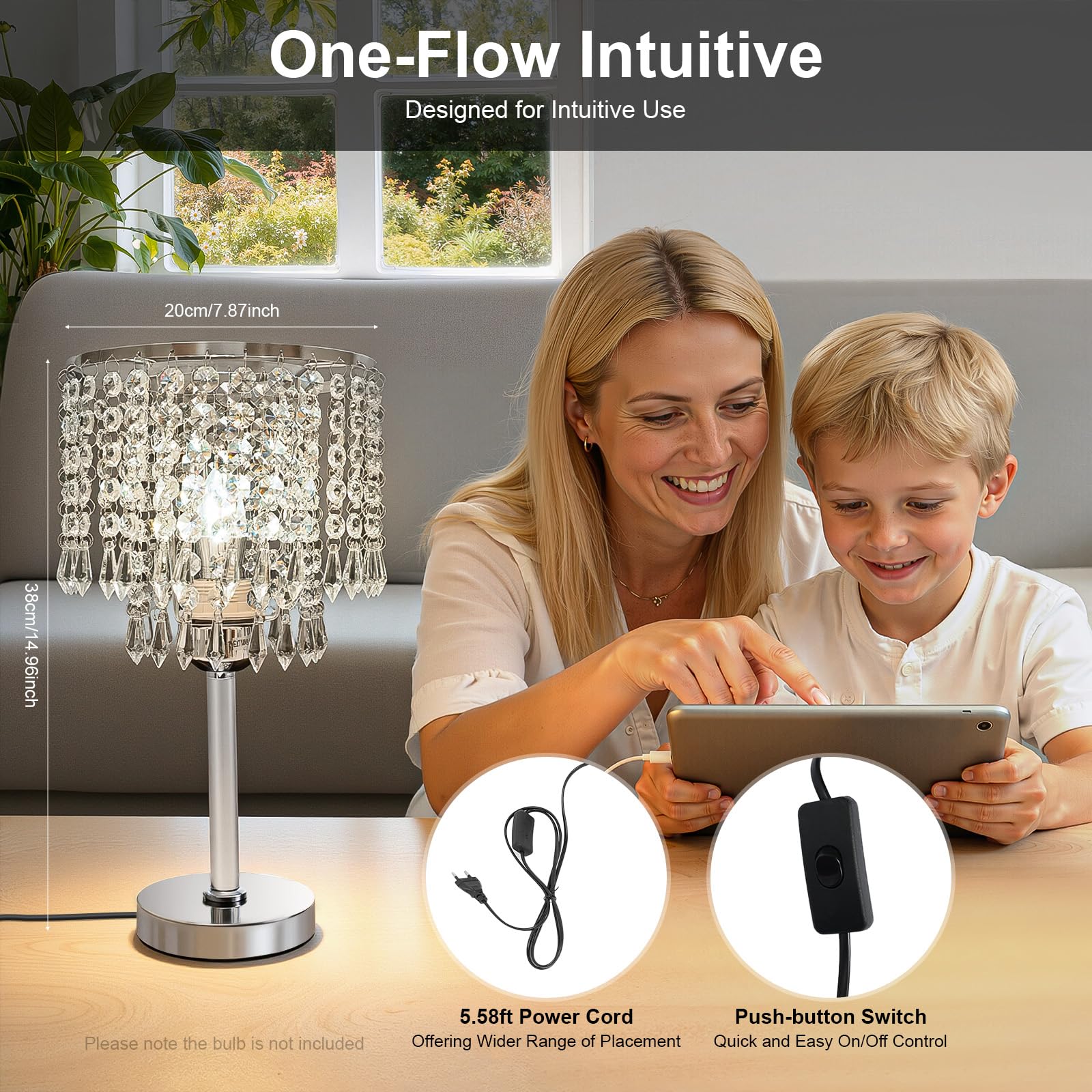 Lámpara de mesa de noche de cristal, 20 x 20 x 38 cm, 100 W, cómoda de usar, lámpara de mesa de cristal con interruptor de botón, chasis estable, lámpara de mesa para el hogar para estudios, salón