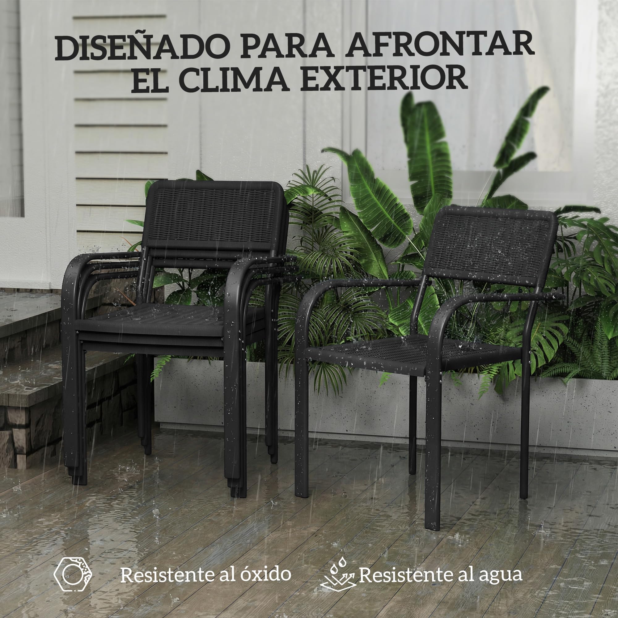 Outsunny Juego de 4 Sillas de Jardín Exterior Apilables, Sillas de Comedor Exterior Efecto Ratán, con Reposabrazos, Marco de Acero, Resistente a la Intemperie y Ligero, 55x60x83 cm, Negro