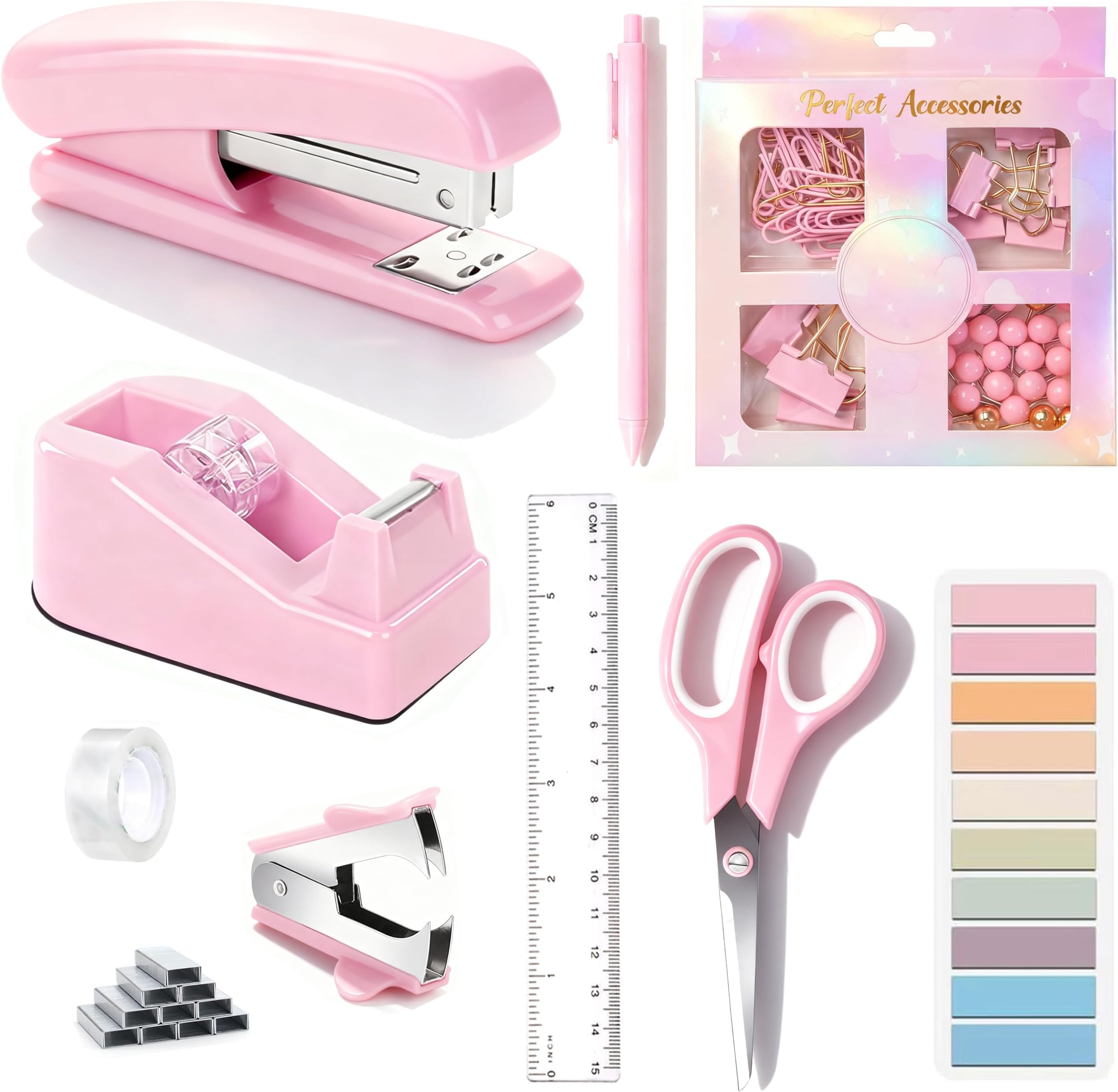 - Pink Desk Accessories, Pink Office Supplies Accessories with Tape Dispenser, Stapler, Staple Remover, 1000 Staples, Tape, Clips Set, Ruler, Scissor, Pen