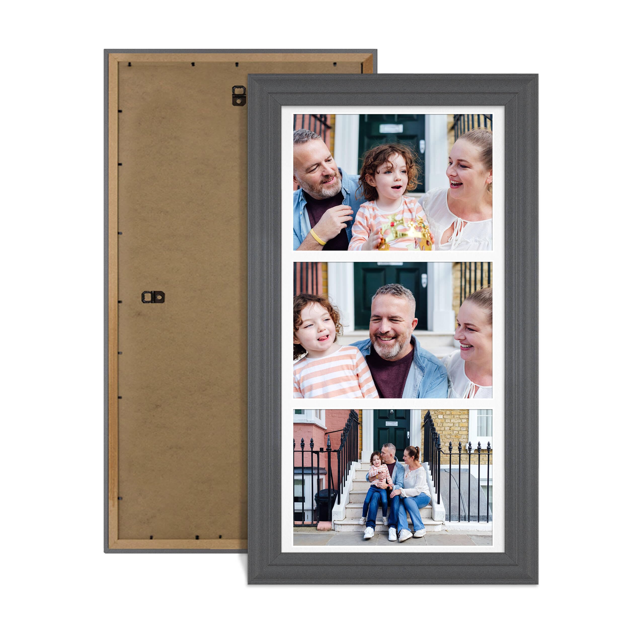Alison Kingsgate Dark Grey 16x8 Photo frames for multiple pictures- 3 Apertures Collage Frame with White Mount - Holds (3x) 7x5 Photos - Engineered Wood & Perspex