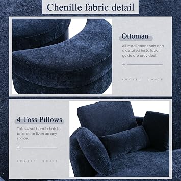 Chair and A Half with Ottoman, 360 Swivel Chair Modern Circle Round Love Seat Sofa Couch Set Big Comfy Accent Barrel Chairs Living Room Bedroom Lounge Reading Corner Furniture with 4 Pillows (Navy)