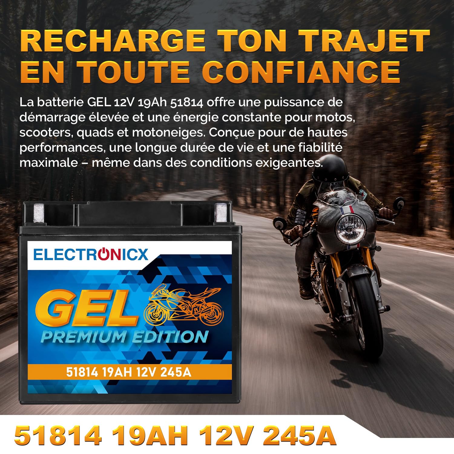 Electronicx GEL-51814 Batterie moto 12V 19Ah 245A – puissante, sans entretien, scellée et étanche, technologie gel, haute performance pour moto, scooter, quad, ATV, motoneige