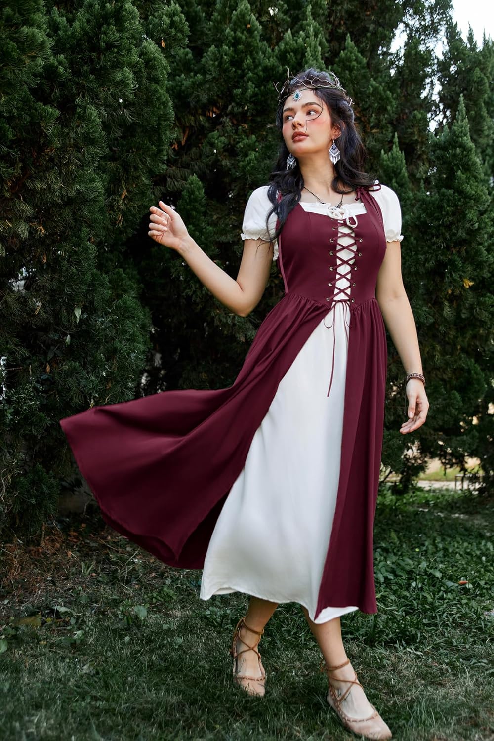 SCARLET DARKNESS Renaissance Costume Women Peasant Medieval Dress Short Sleeve Maxi Fairy Dresses with Pockets - Image 8