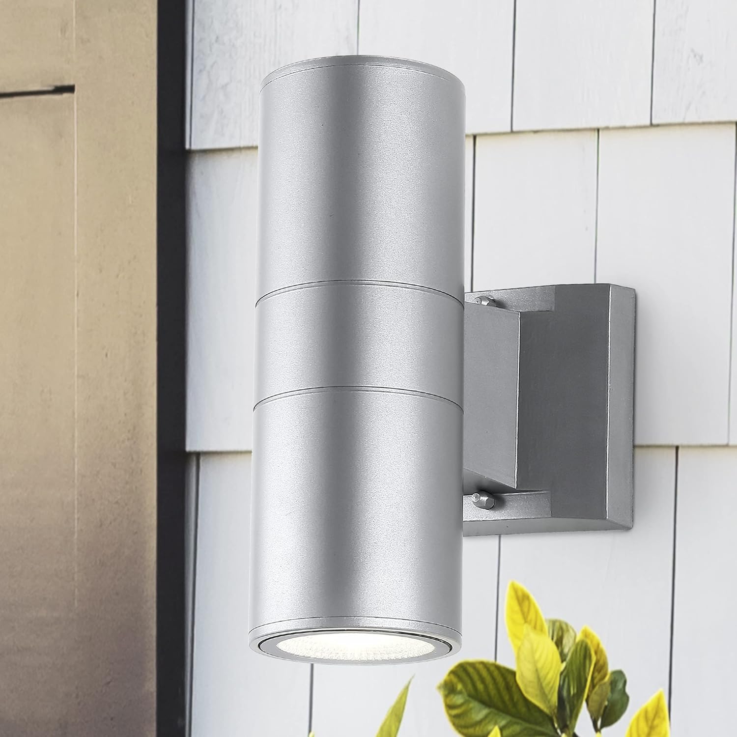 JONATHAN Y 6" Silver Modern Outdoor LED Wall Sconce, 2-Light Cylinder Up and Down Light for Porch Patio, Metal Exterior Fixture with Glass Shade, Integrated 3000K, ETL Listed (JYL7445B)