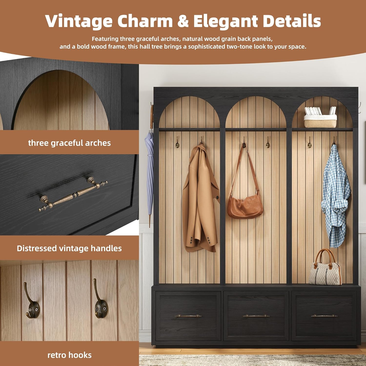 59" Farmhouse Hall Tree with Bench - Rustic Wooden Entryway Organizer with 8 Coat Hooks, 3 Storage Drawers & Shoe Shelf, Arched Design for Mudroom, Living Room (Black)