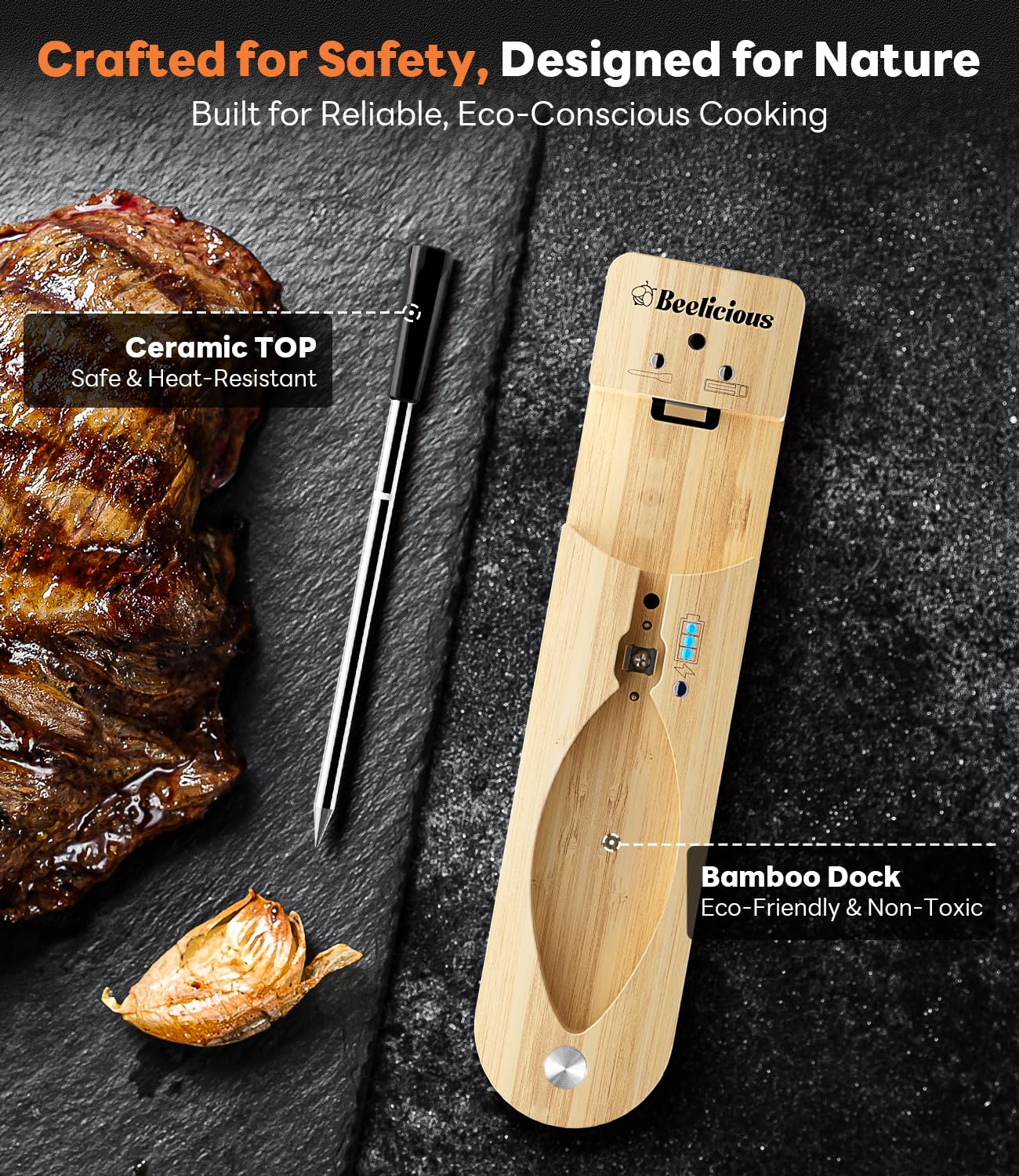 Wireless Meat Thermometer – Bluetooth Smart Probe with ±1.8℉ Accuracy & 0.5s Response, IP67 Waterproof, iOS & Android Compatible for Grill, BBQ, Oven, Smoker, Air Fryer, Rotisserie