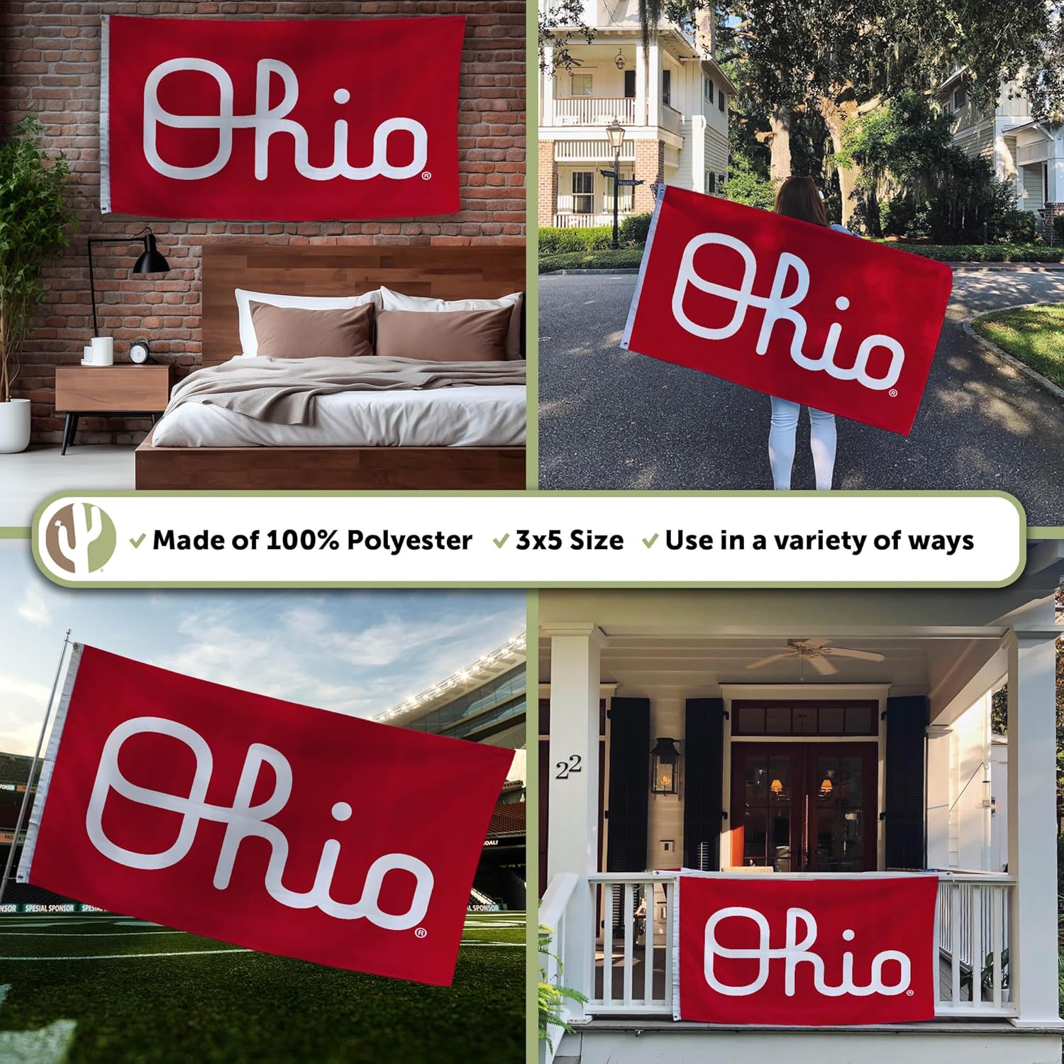 Desert Cactus Ohio State University OSU Flag - 3 x 5 Feet Buckeyes Banner, Indoor/Outdoor Durable Fabric, 100% Polyester Design (Style 5) - Image 3
