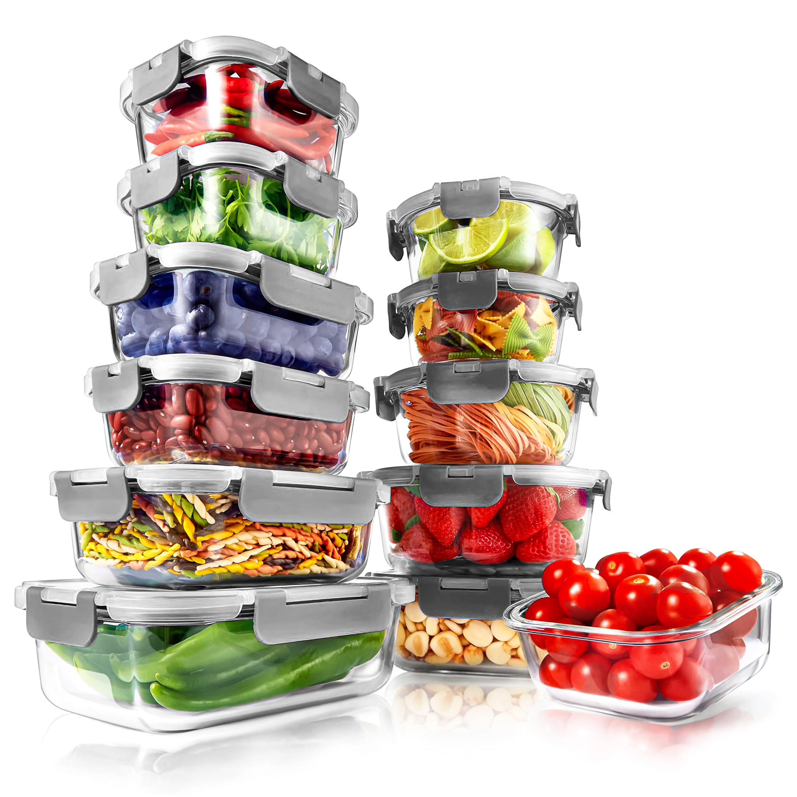 SLGL24GY - Contenedores de almacenamiento de vidrio para alimentos de 24 piezas, diseño apilable con tapas de bloqueo con bisagras recién innovadas, capacidad de 11 a 34 onzas, color gris