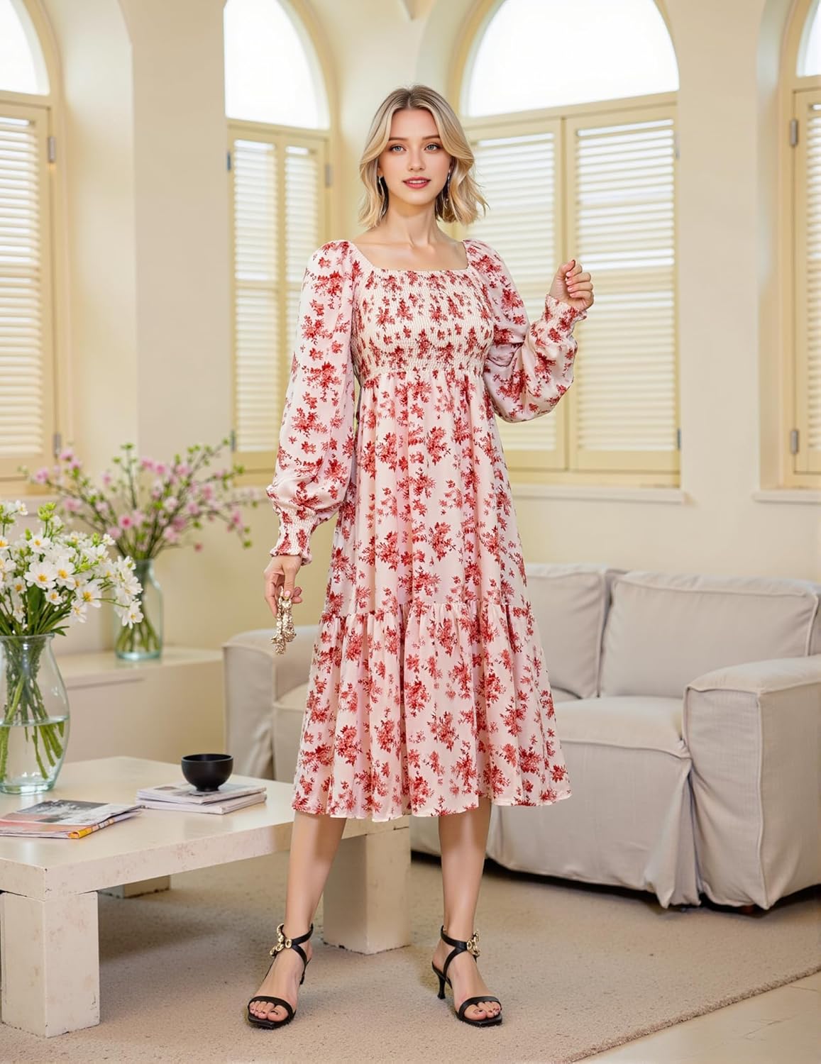 Women's Boho Flowy Long Sleeve Square Neck Floral Midi Dresses Smocked Spring Fall Wedding Guest Dress - Image 6