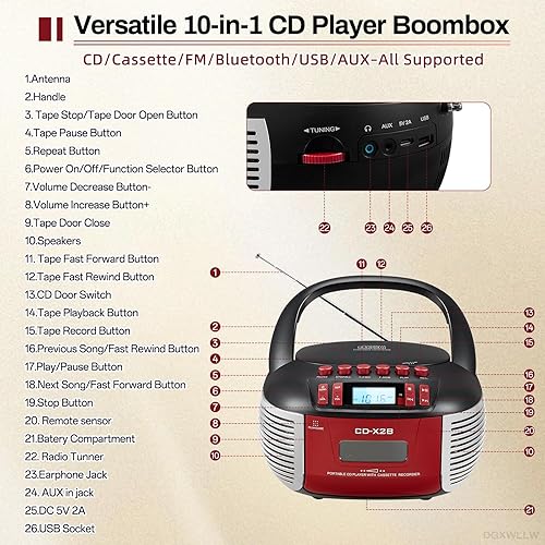 Miniatura 2 de Boombox - Combo de reproductor de casete de CD con radio AM FM, Bluetooth, reproducción de CD, control remoto, puerto USB, entrada auxiliar y