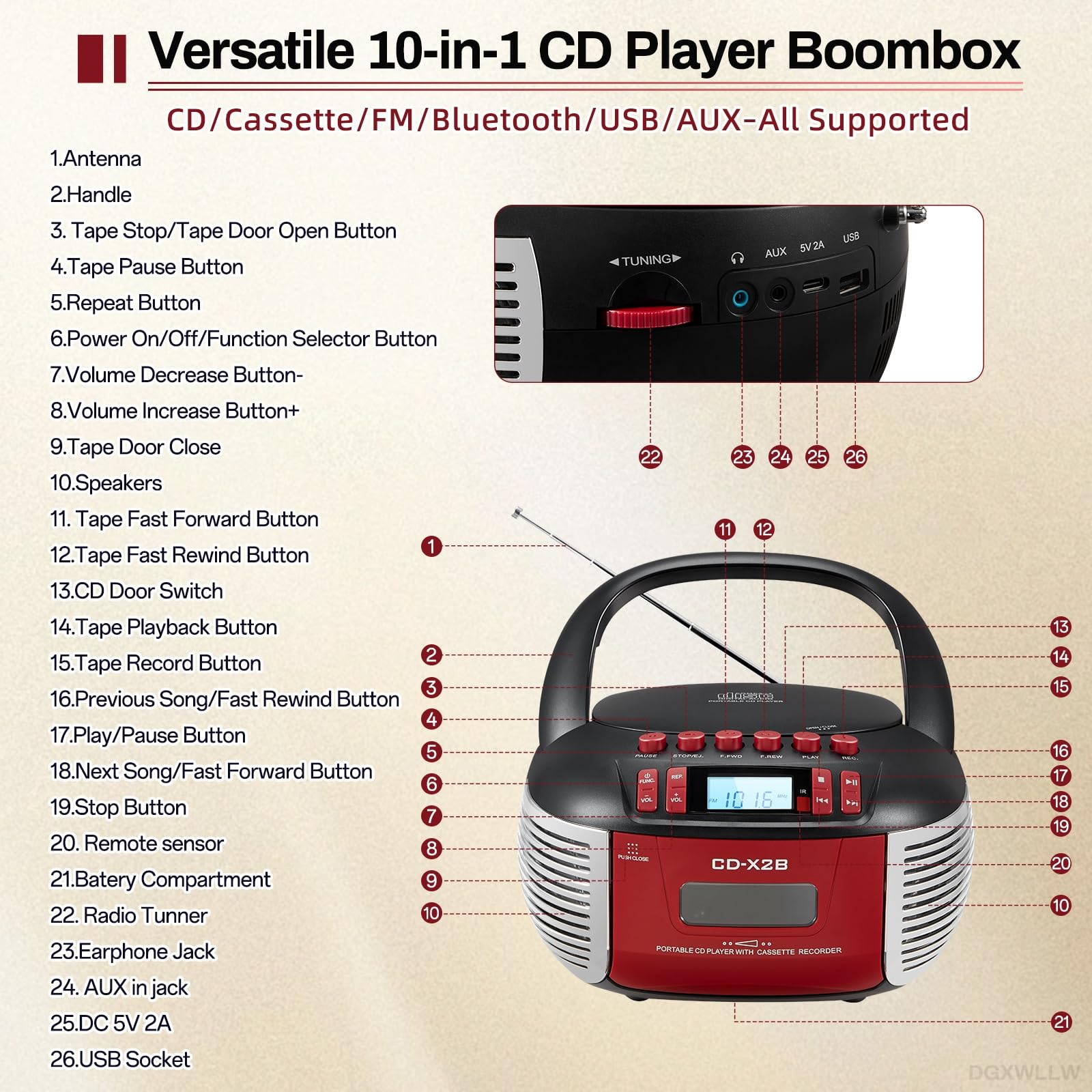 Boombox odtwarzacz kasetowy CD z radiem AM FM, Bluetooth, odtwarzanie płyt CD, pilot zdalnego sterowania, port USB, wejście AUX i gniazdo słuchawkowe, nagrywanie taśmowe, dźwięk stereo